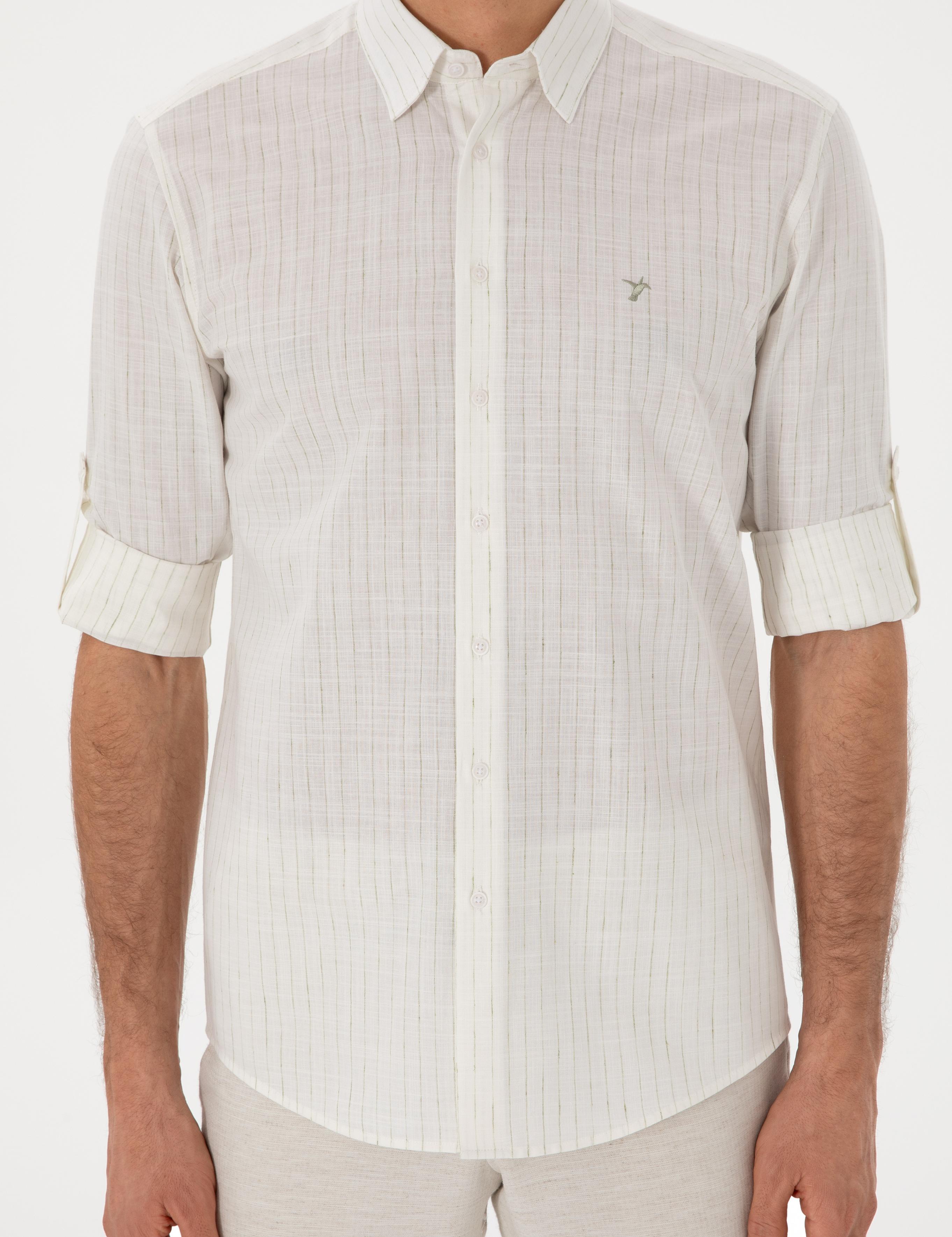 Haki Regular Fit Keten Karışımlı Çizgili Gömlek - 50300578025