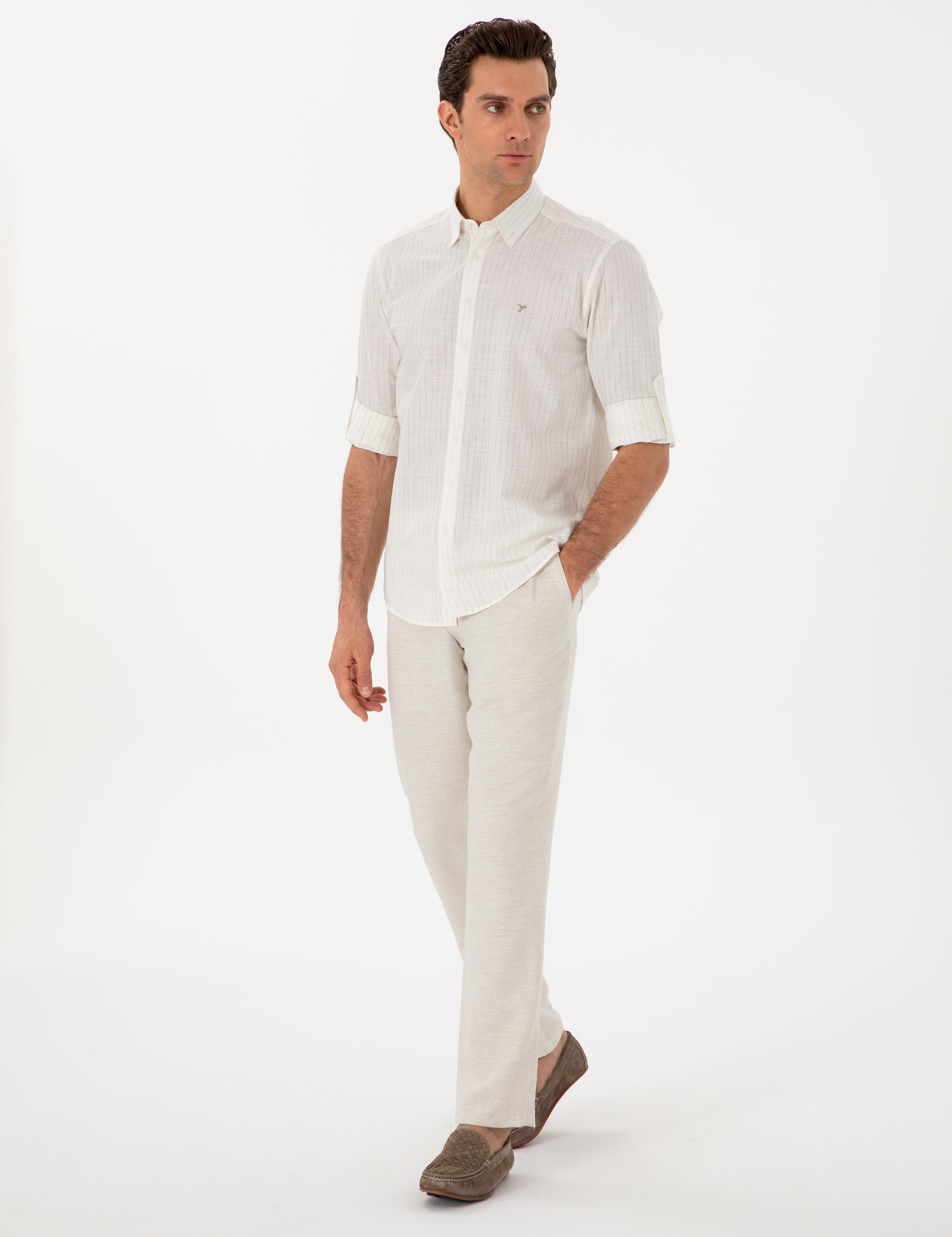 Haki Regular Fit Keten Karışımlı Çizgili Gömlek - 50300578025
