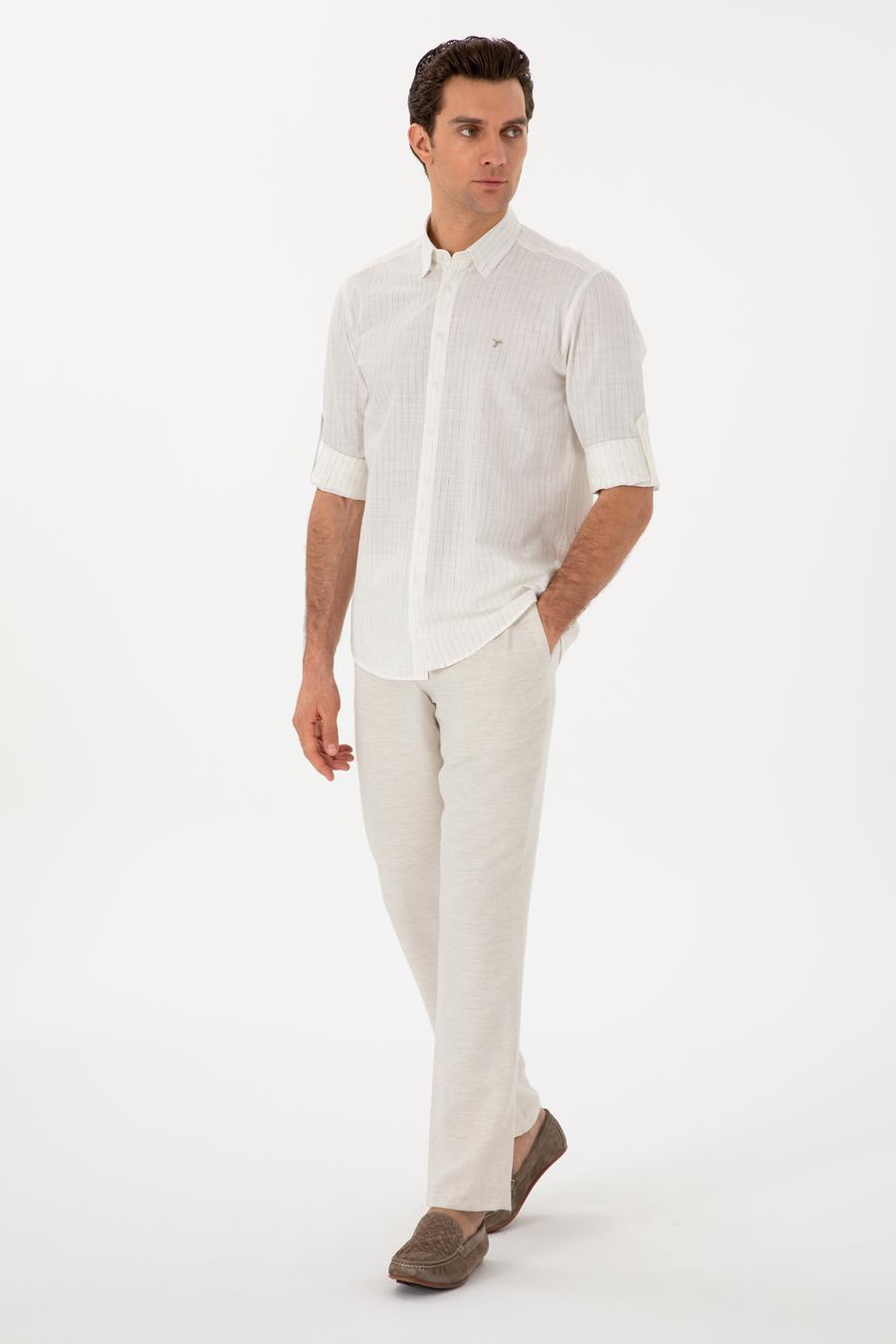 Haki Regular Fit Keten Karışımlı Çizgili Gömlek - 50300578025