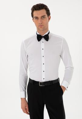 Beyaz Slim Fit Pamuk Karışımlı Manşetli Smokin Gömlek