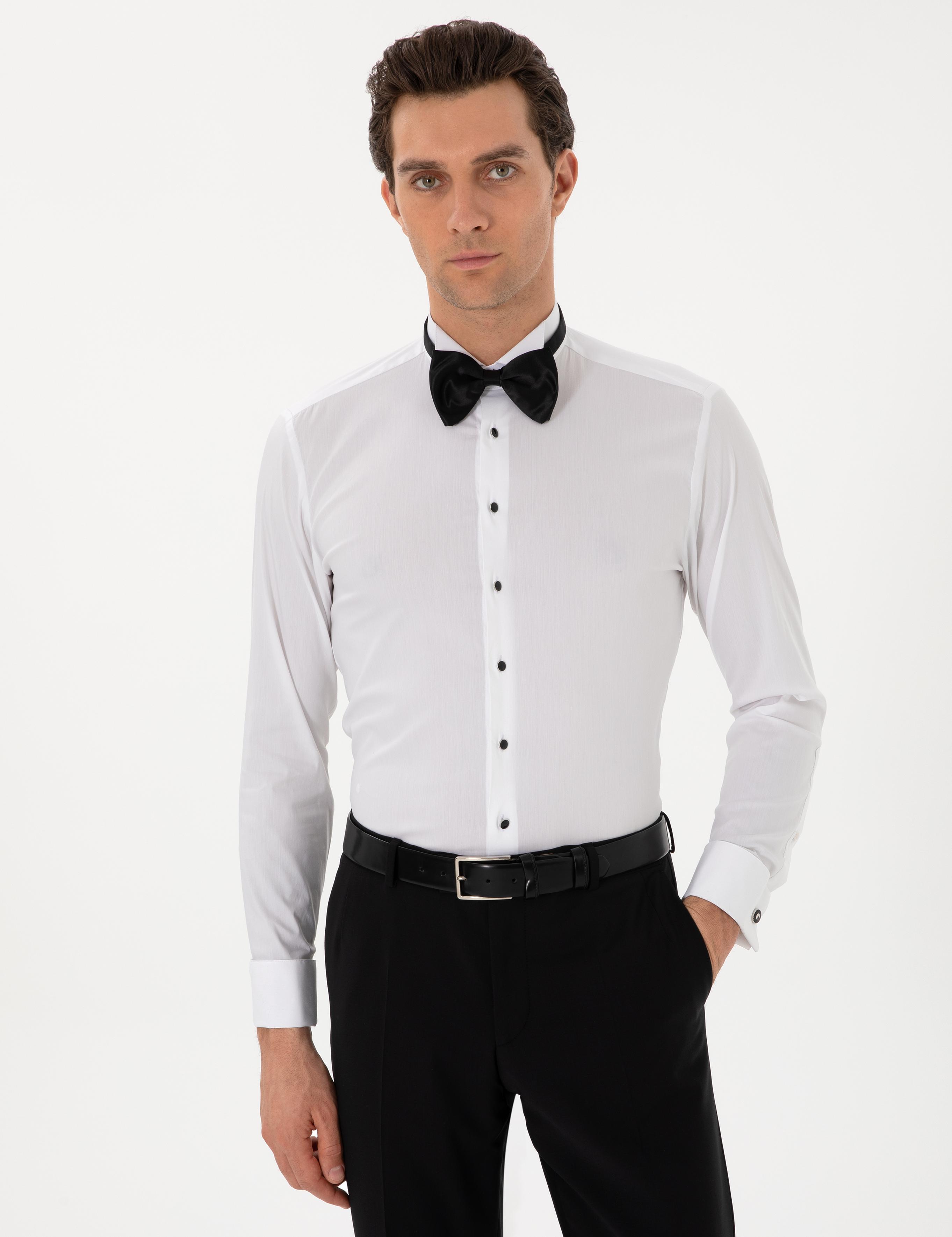Beyaz Slim Fit Pamuk Karışımlı Manşetli Smokin Gömlek - 50304049004