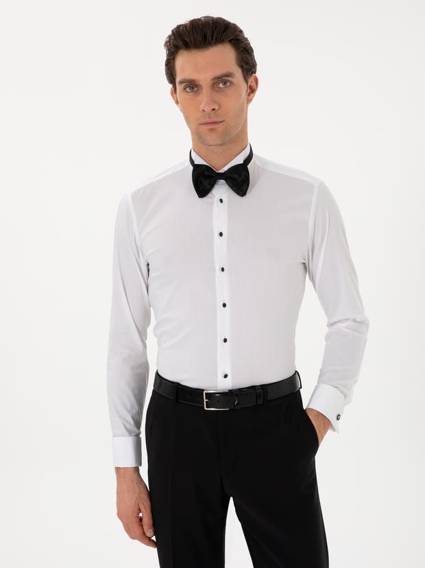 Beyaz Slim Fit Pamuk Karışımlı Manşetli Smokin Gömlek