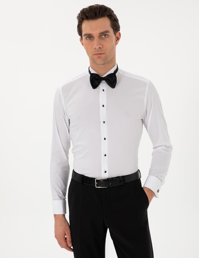 Beyaz Slim Fit Pamuk Karışımlı Manşetli Smokin Gömlek