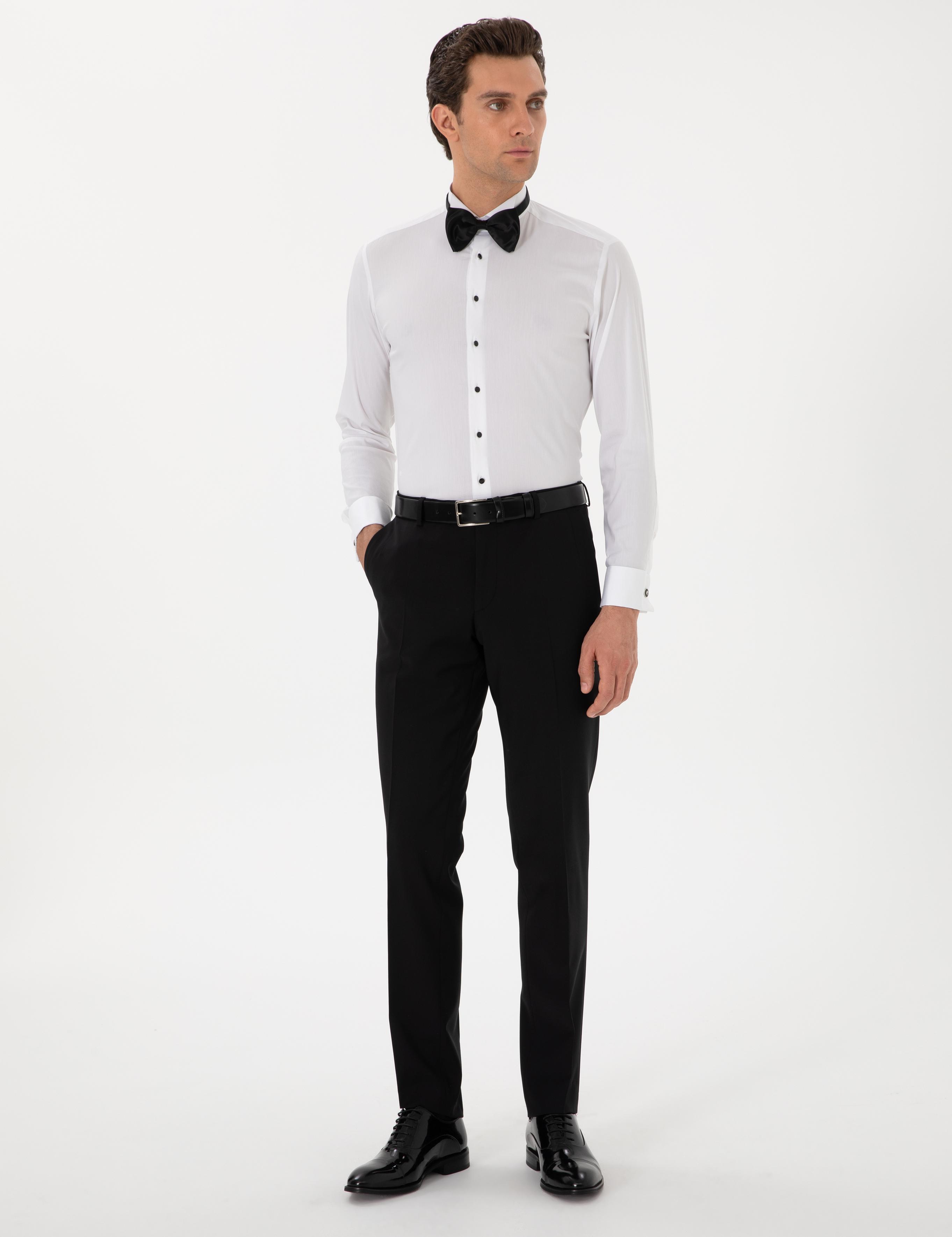 Beyaz Slim Fit Pamuk Karışımlı Manşetli Smokin Gömlek - 50304049004