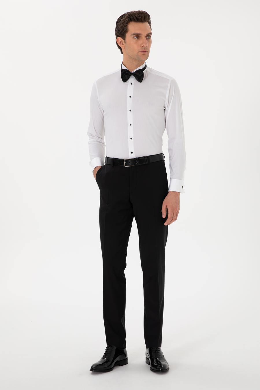 Beyaz Slim Fit Pamuk Karışımlı Manşetli Smokin Gömlek - 50304049004