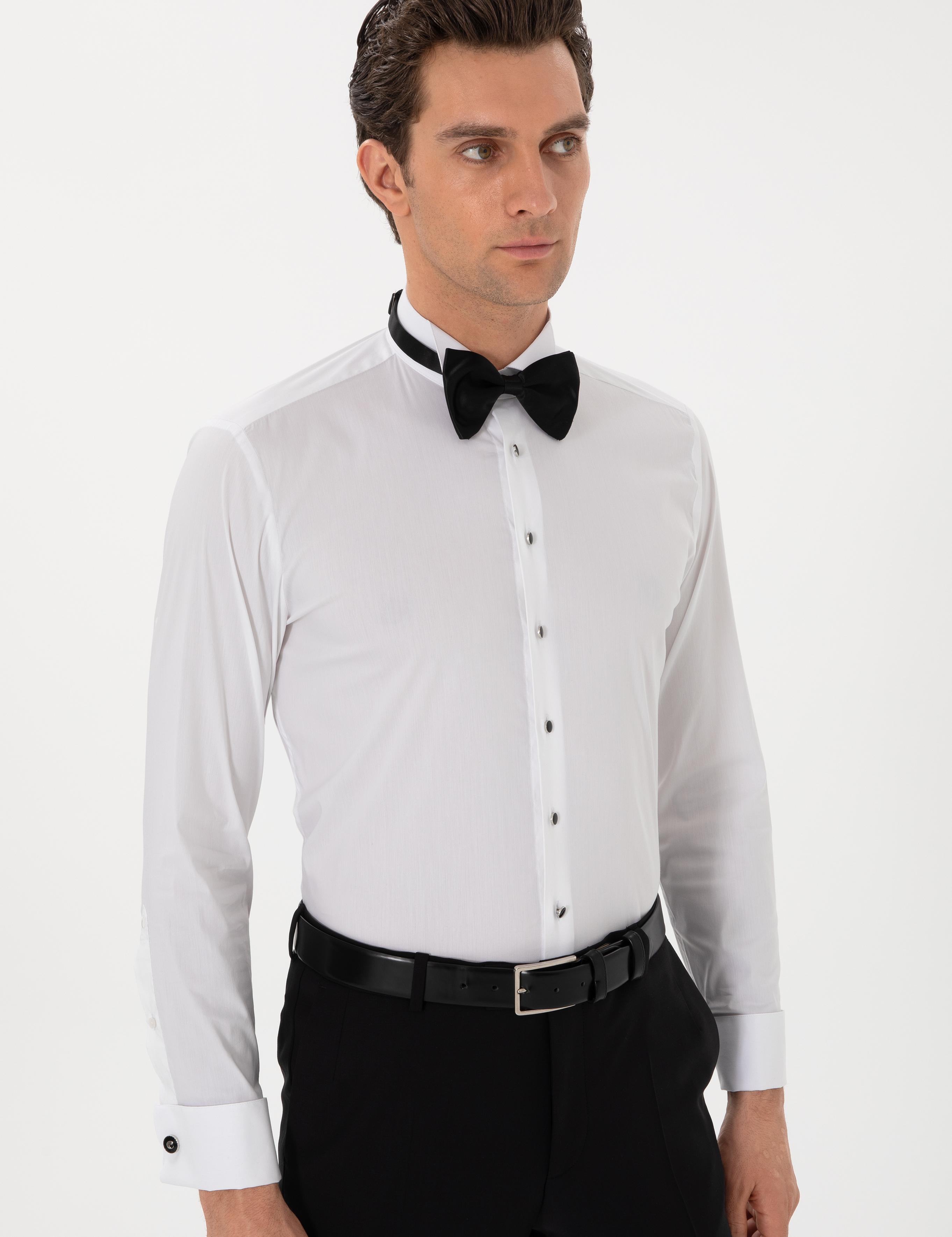Beyaz Slim Fit Pamuk Karışımlı Manşetli Smokin Gömlek - 50304049004
