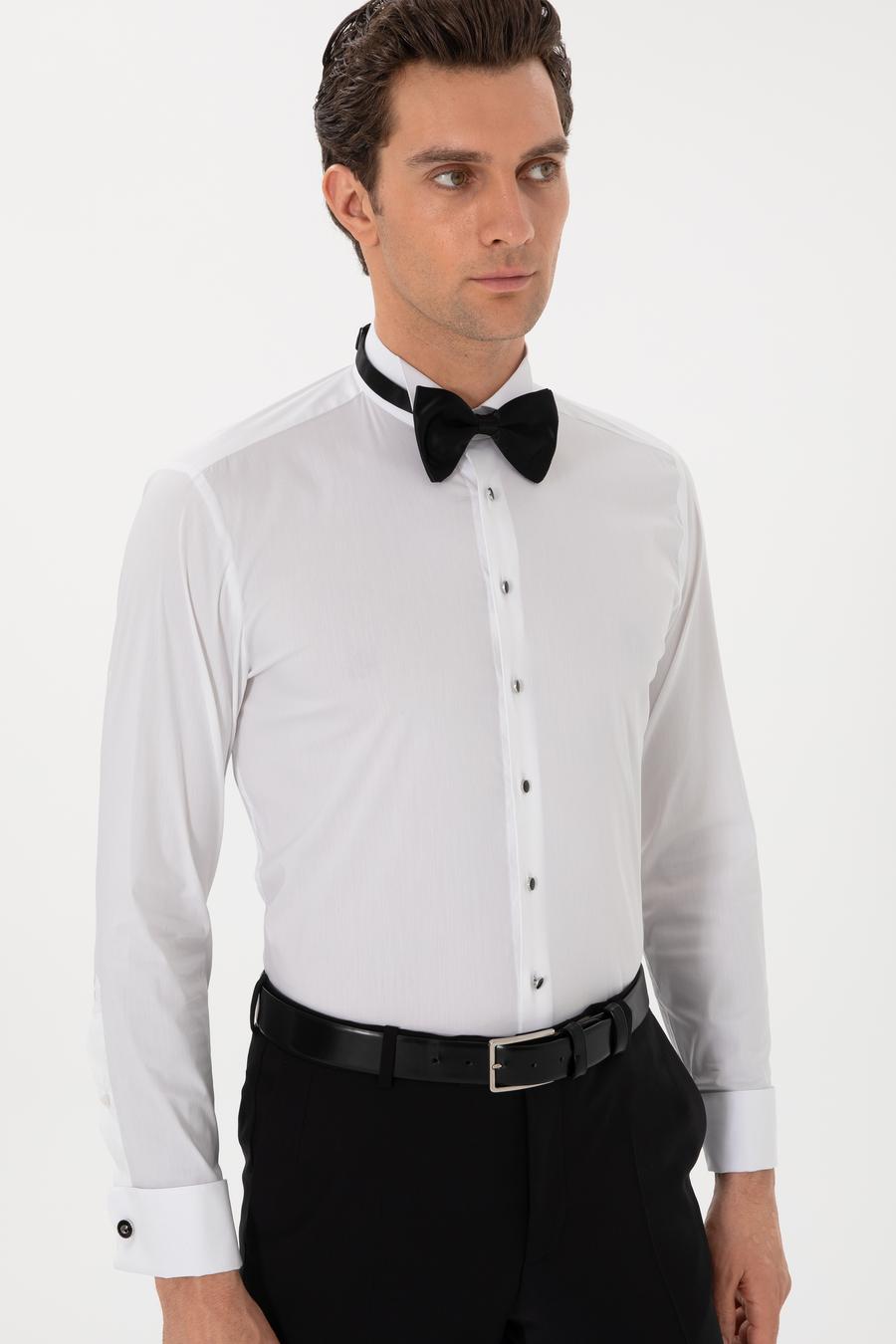Beyaz Slim Fit Pamuk Karışımlı Manşetli Smokin Gömlek - 50304049004