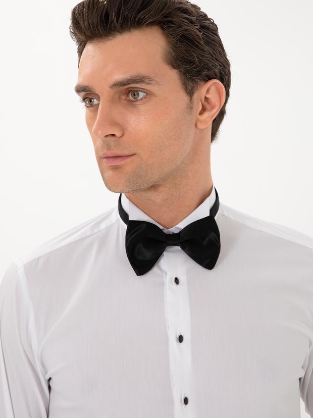 Beyaz Slim Fit Pamuk Karışımlı Manşetli Smokin Gömlek