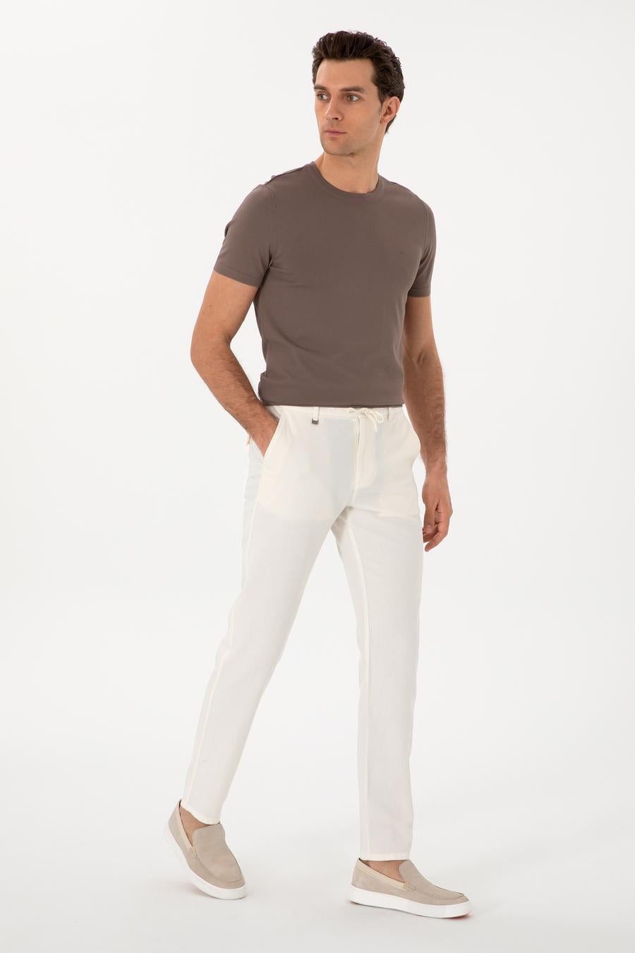 Ekru Carrot Fit Keten Karışımlı Beli Bağcıklı Kanvas Pantolon - 50305639023