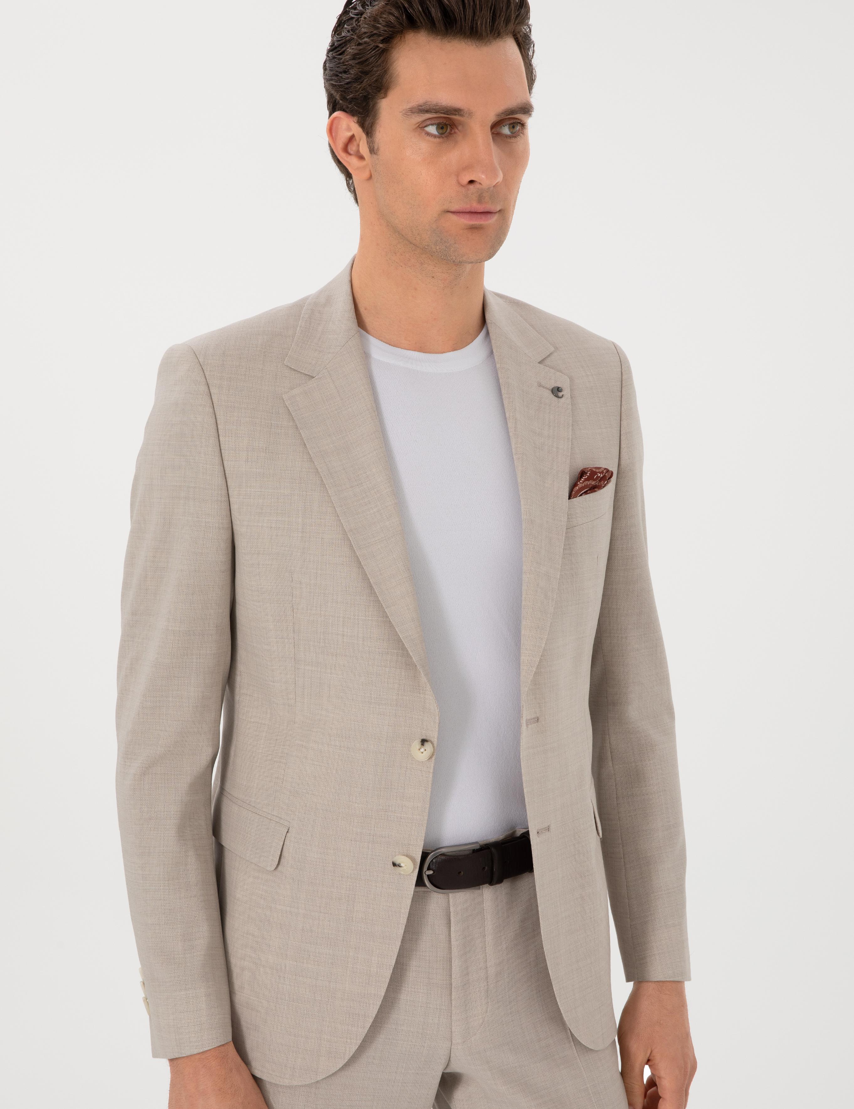 Bej Slim Fit %100 Yün Mikro Desenli Takım Elbise - 50300462014