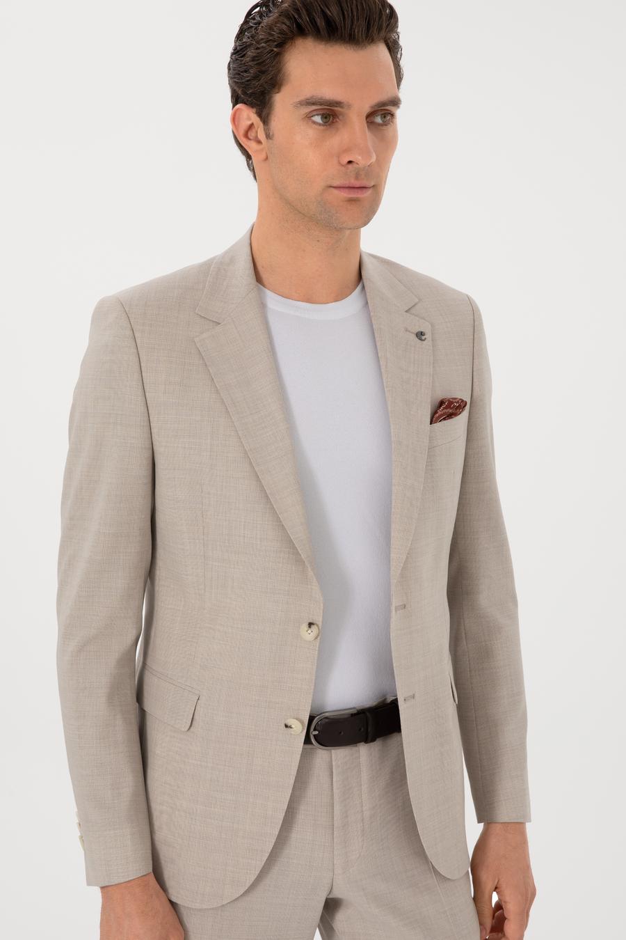 Bej Slim Fit %100 Yün Mikro Desenli Takım Elbise - 50300462014