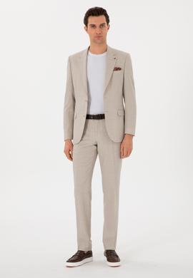 Bej Slim Fit %100 Yün Mikro Desenli Takım Elbise