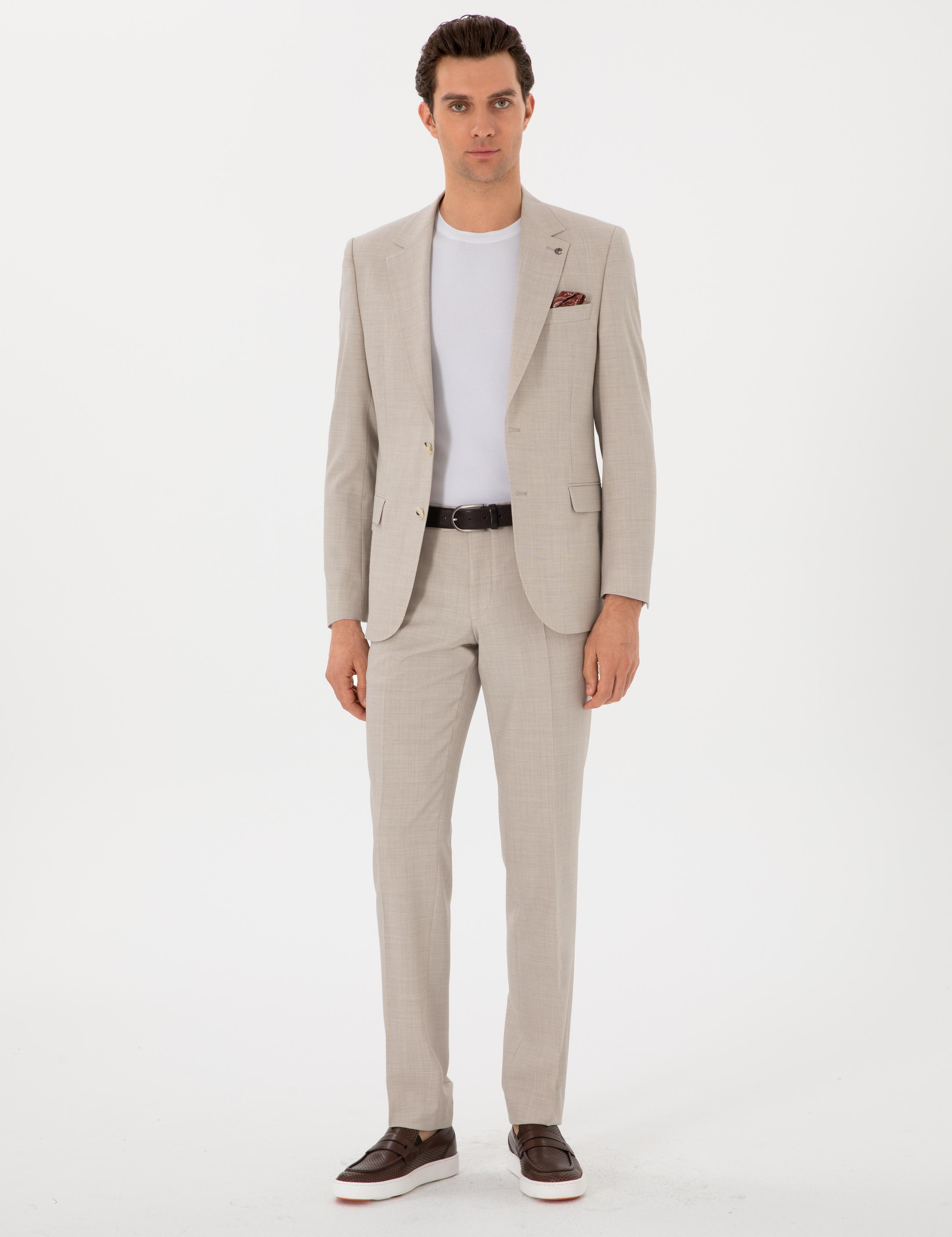 Bej Slim Fit %100 Yün Mikro Desenli Takım Elbise - 50300462014