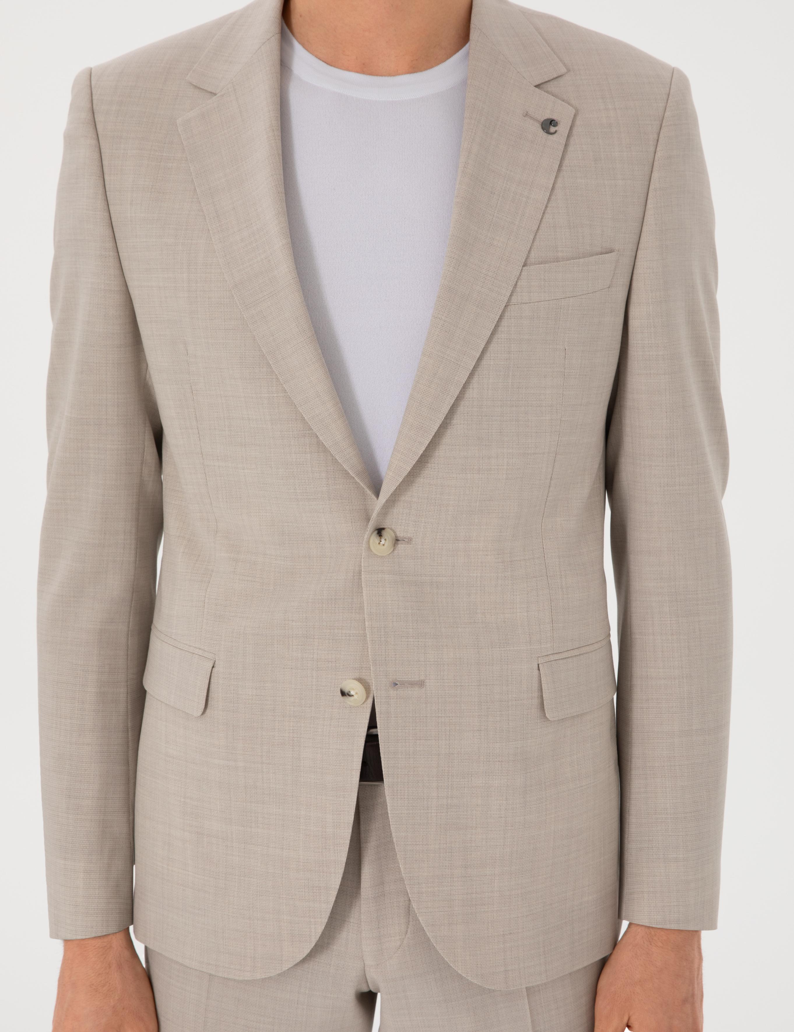 Bej Slim Fit %100 Yün Mikro Desenli Takım Elbise - 50300462014