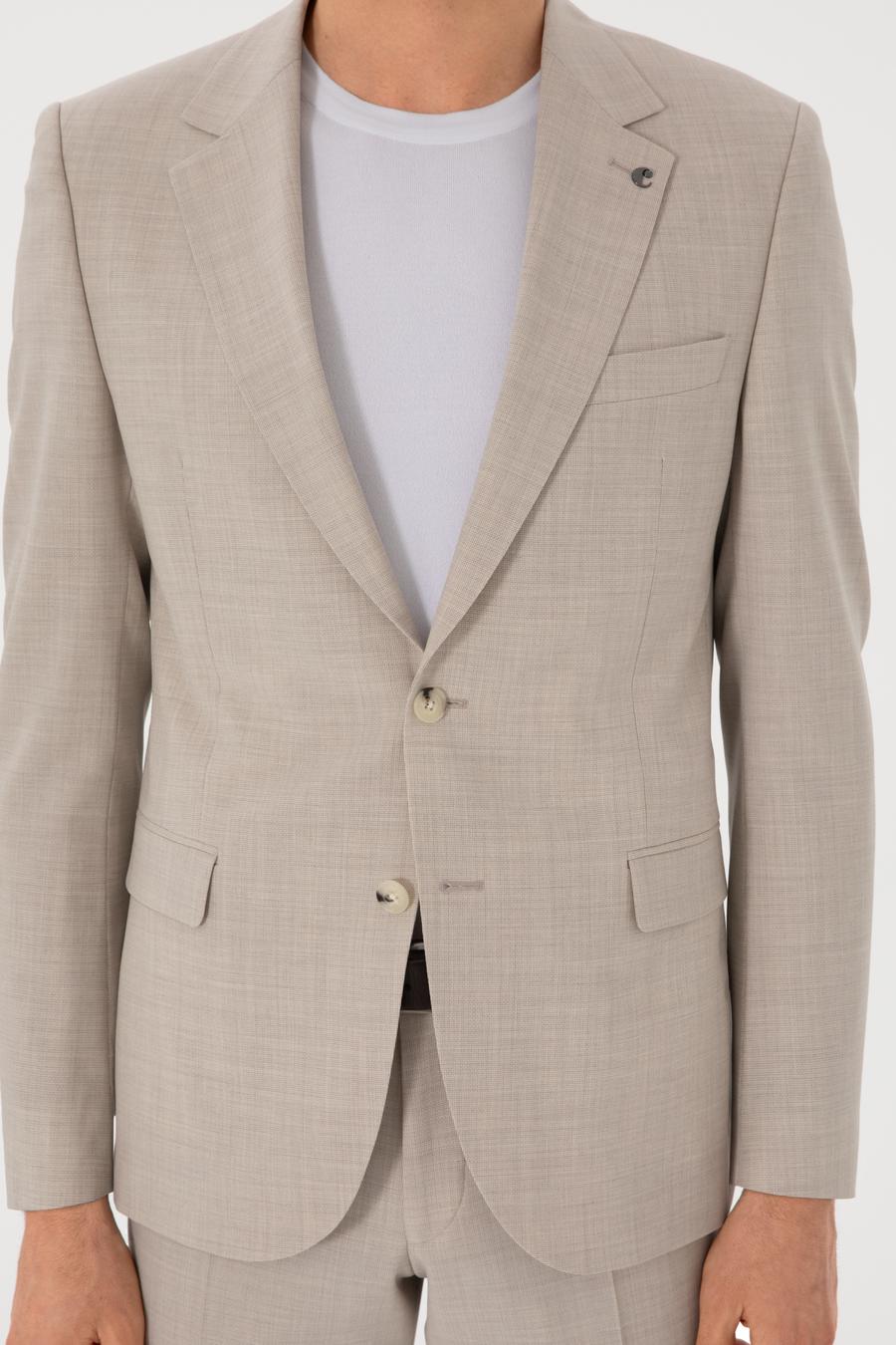 Bej Slim Fit %100 Yün Mikro Desenli Takım Elbise - 50300462014