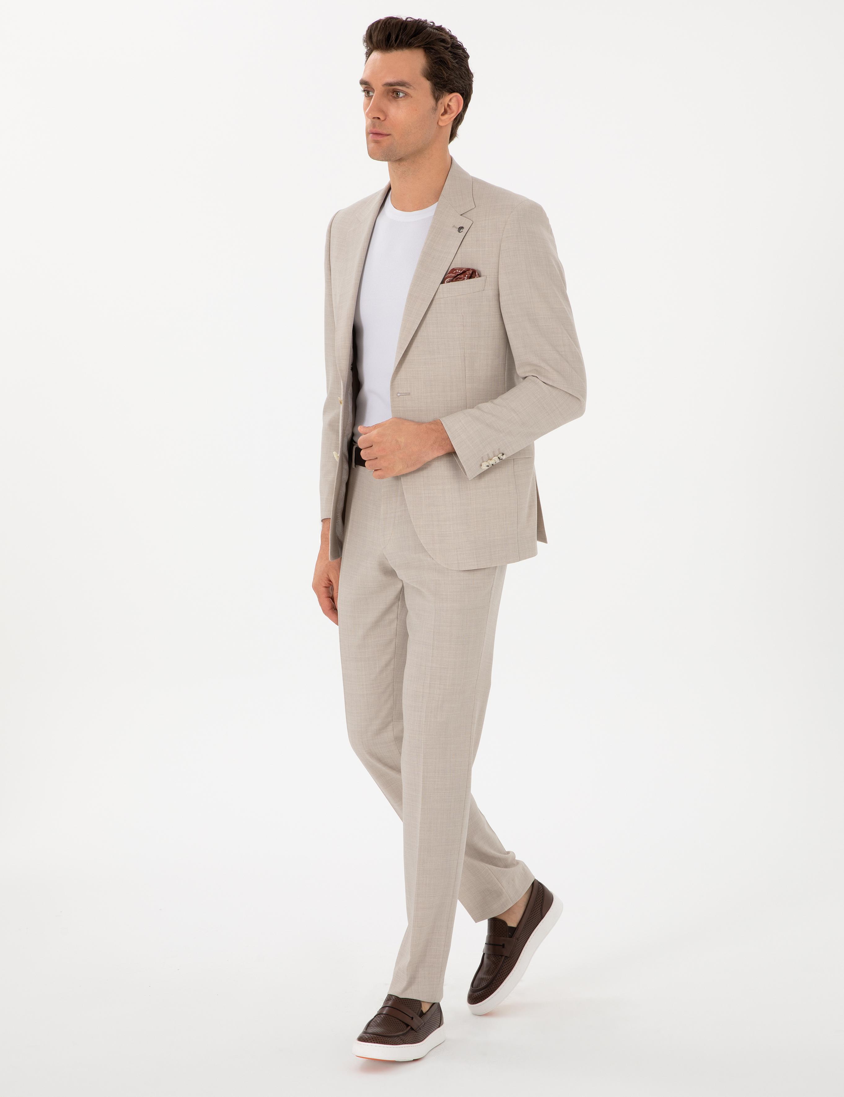 Bej Slim Fit %100 Yün Mikro Desenli Takım Elbise - 50300462014
