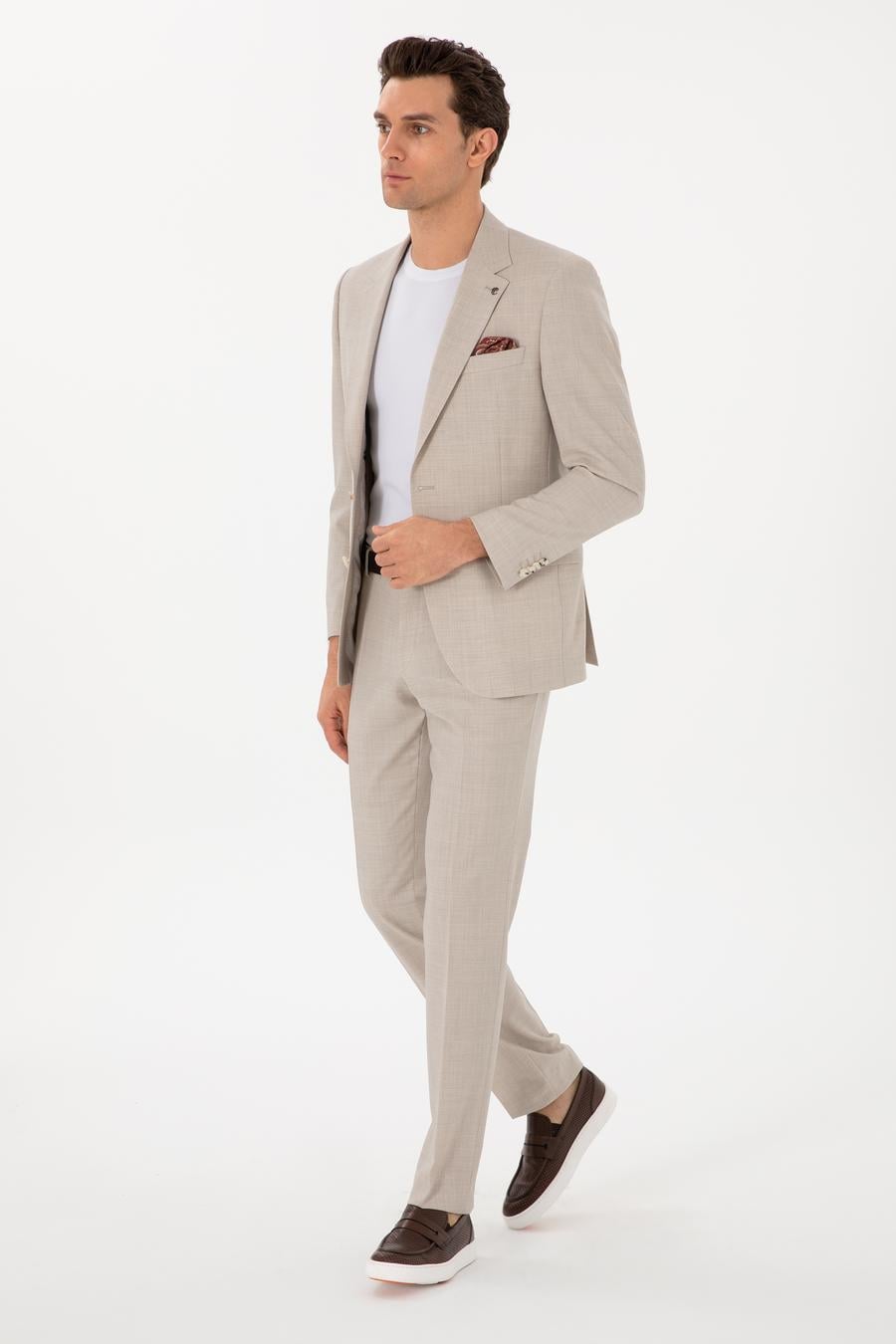 Bej Slim Fit %100 Yün Mikro Desenli Takım Elbise - 50300462014