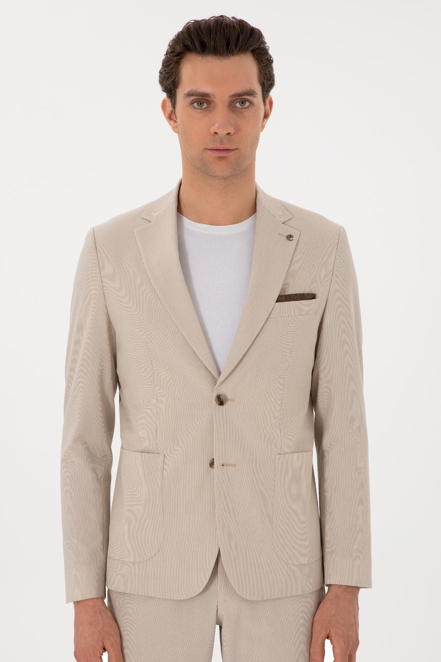 Bej Slim Fit Çizgili Takım Elbise - 50306885038