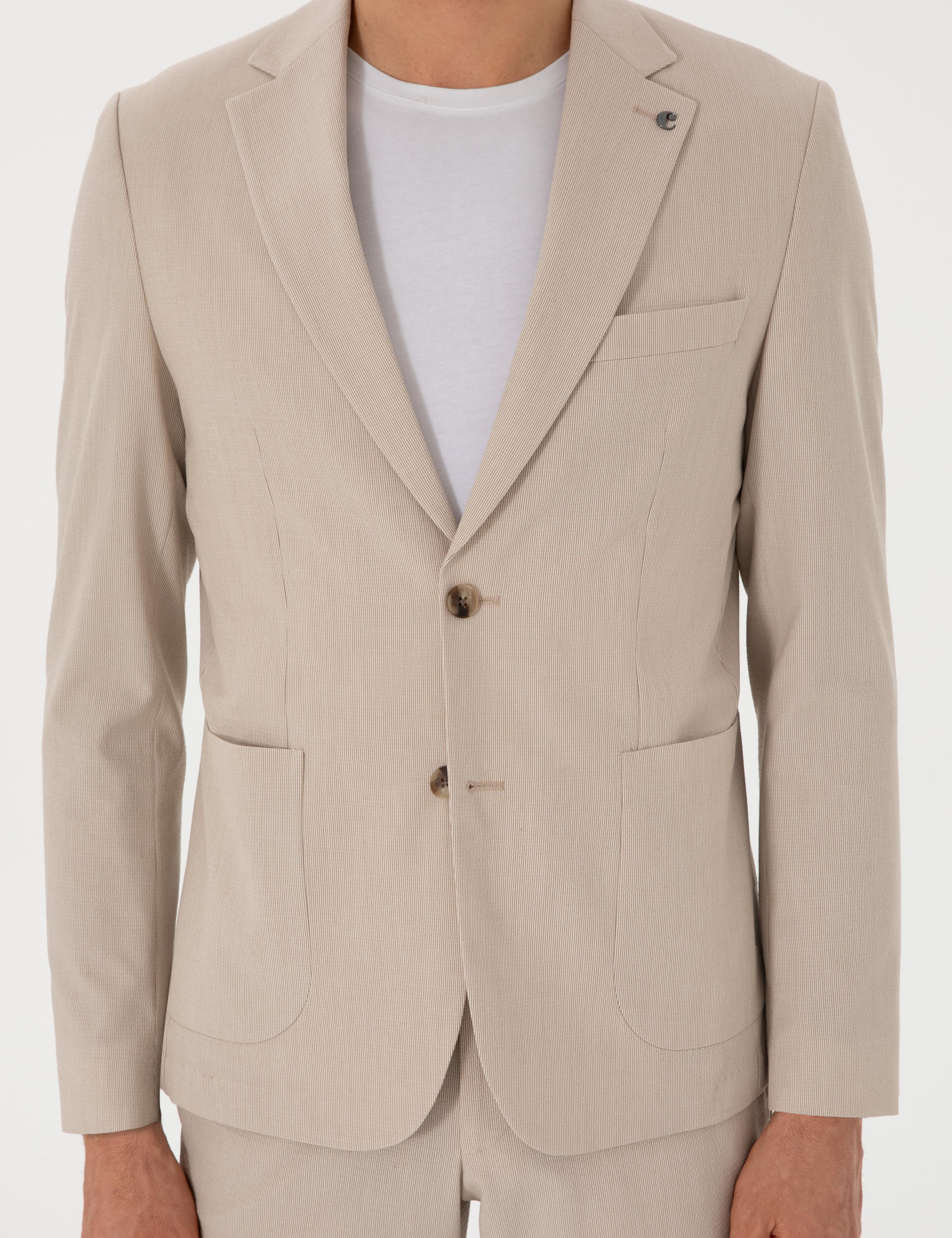 Bej Slim Fit Çizgili Takım Elbise - 50306885038