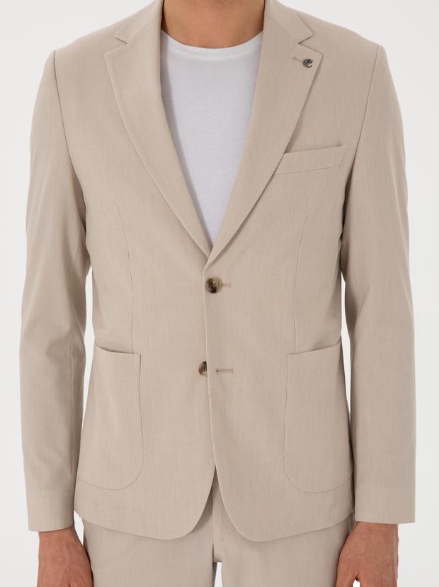 Bej Slim Fit Çizgili Takım Elbise