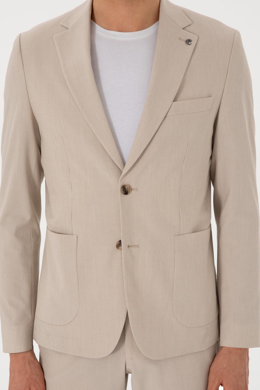 Bej Slim Fit Çizgili Takım Elbise - 50306885038
