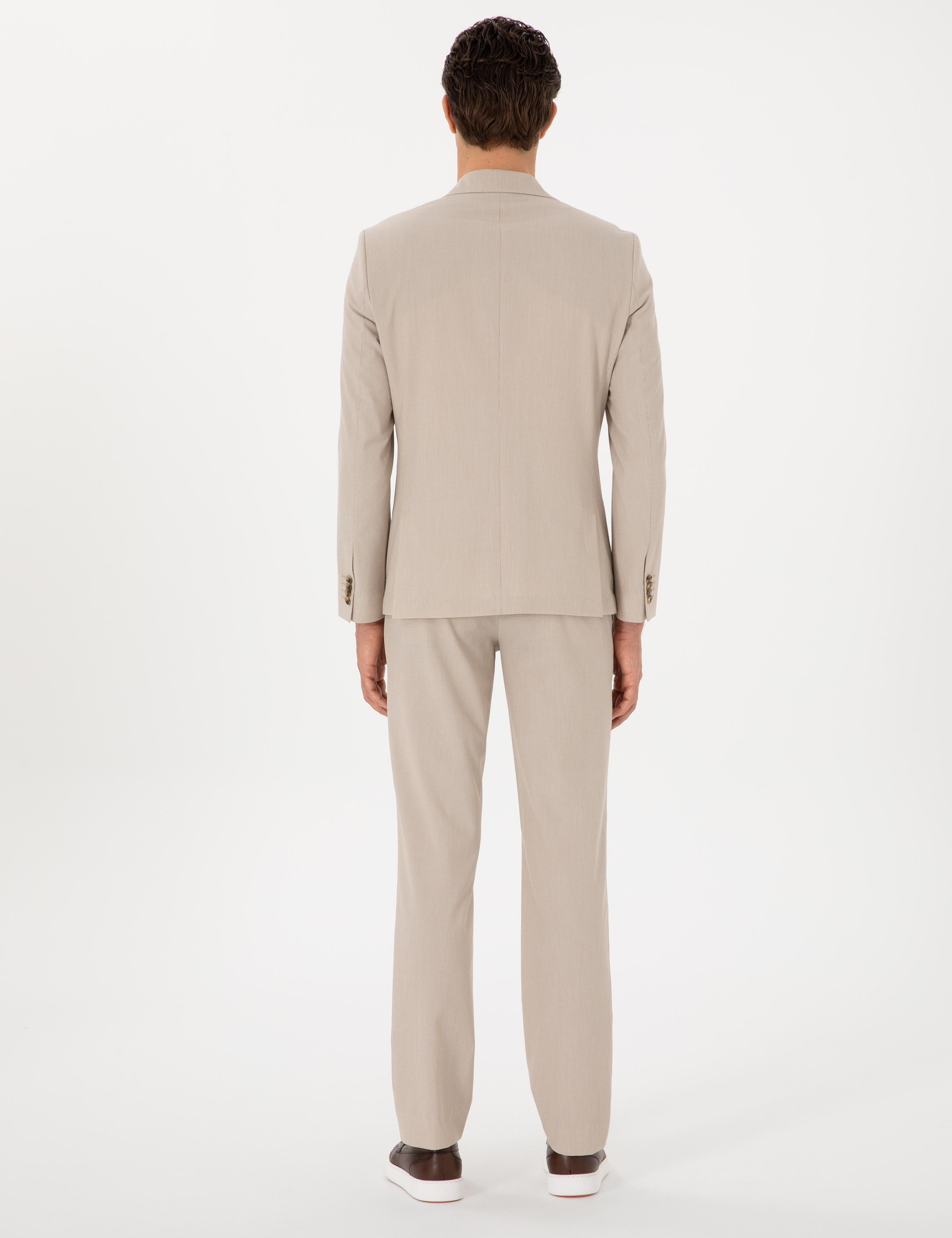 Bej Slim Fit Çizgili Takım Elbise - 50306885038