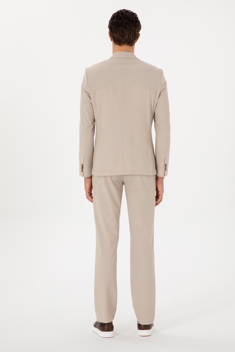 Bej Slim Fit Çizgili Takım Elbise - 50306885038