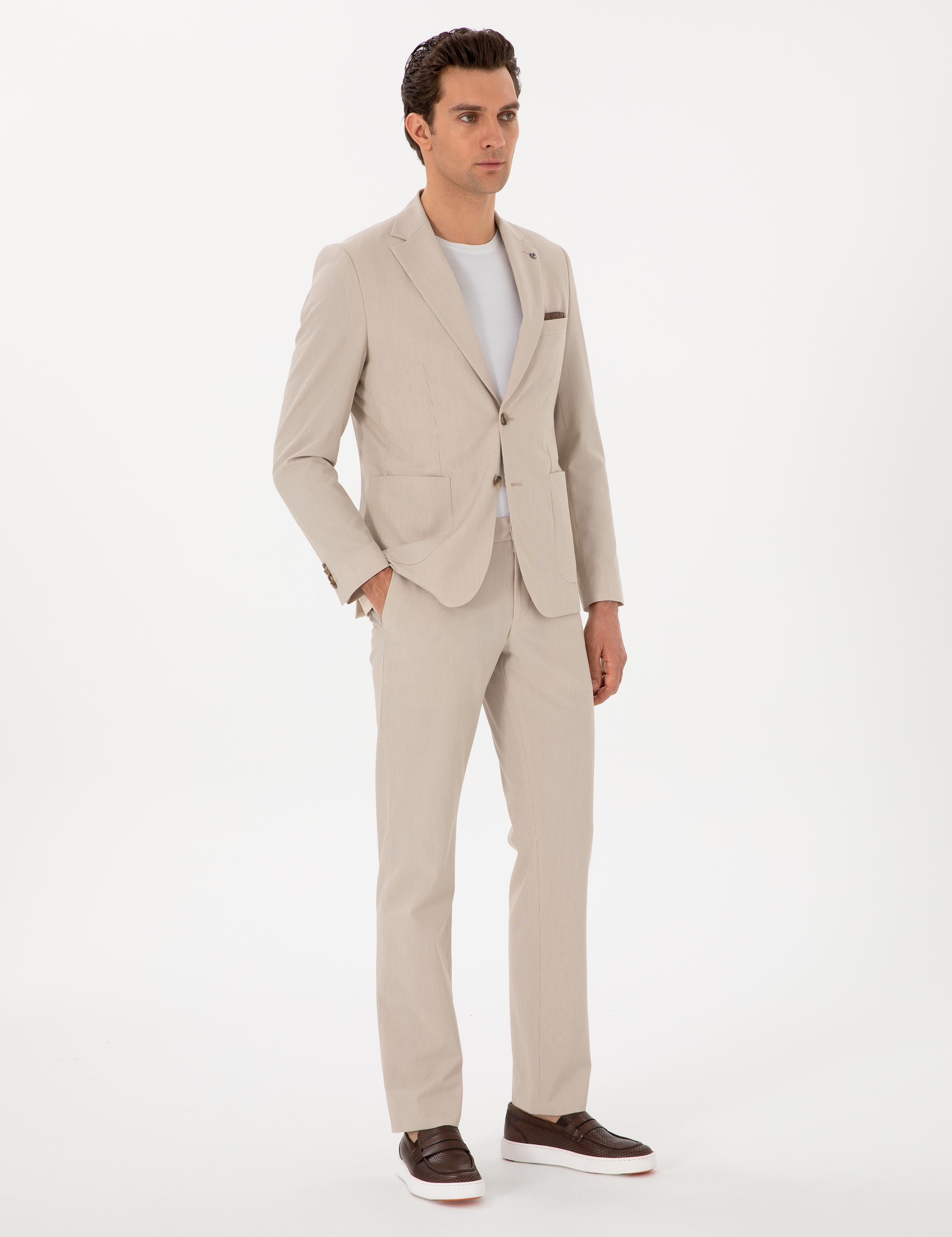 Bej Slim Fit Çizgili Takım Elbise - 50306885038