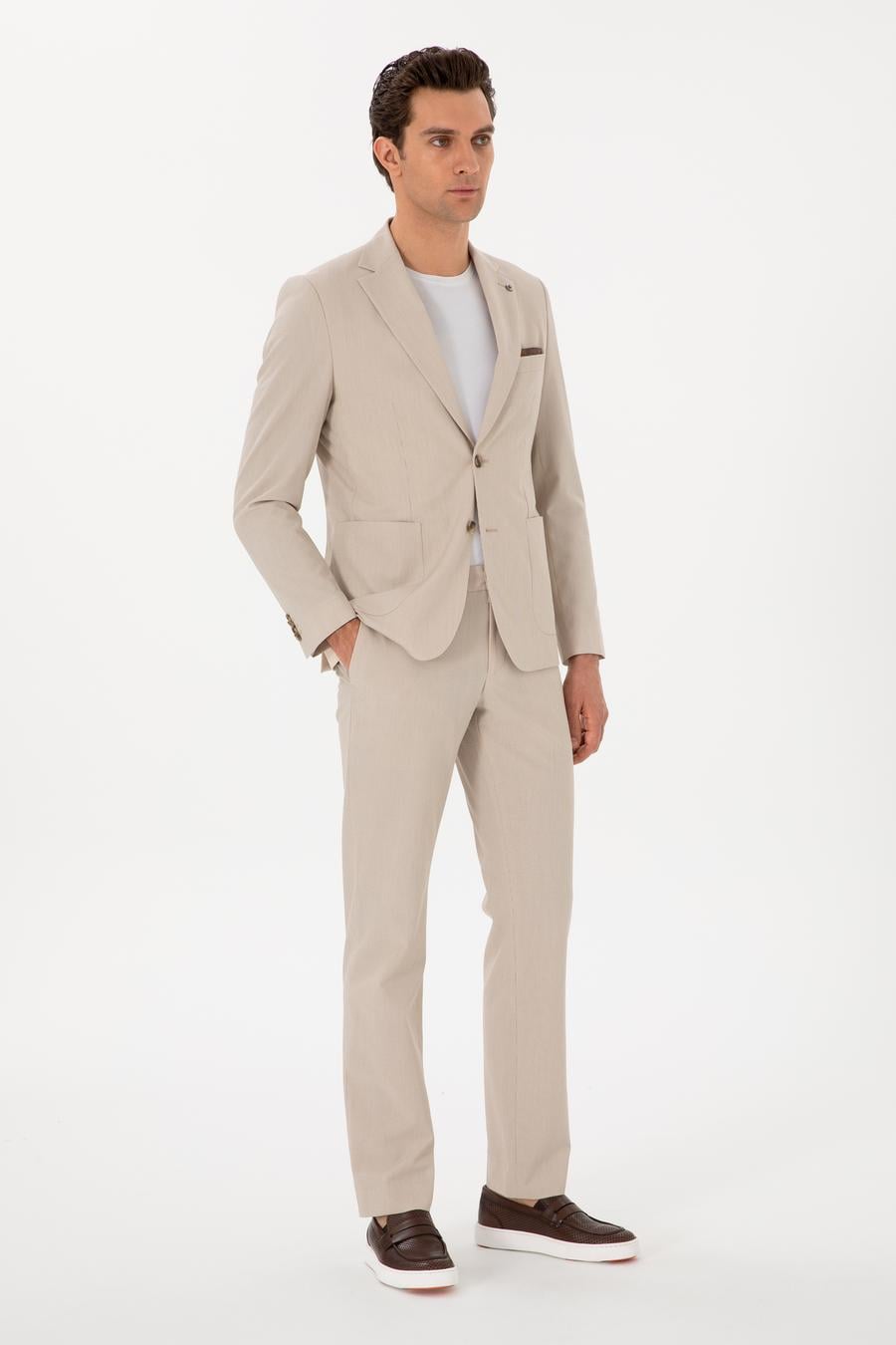 Bej Slim Fit Çizgili Takım Elbise - 50306885038