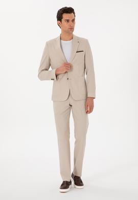 Bej Slim Fit Çizgili Takım Elbise