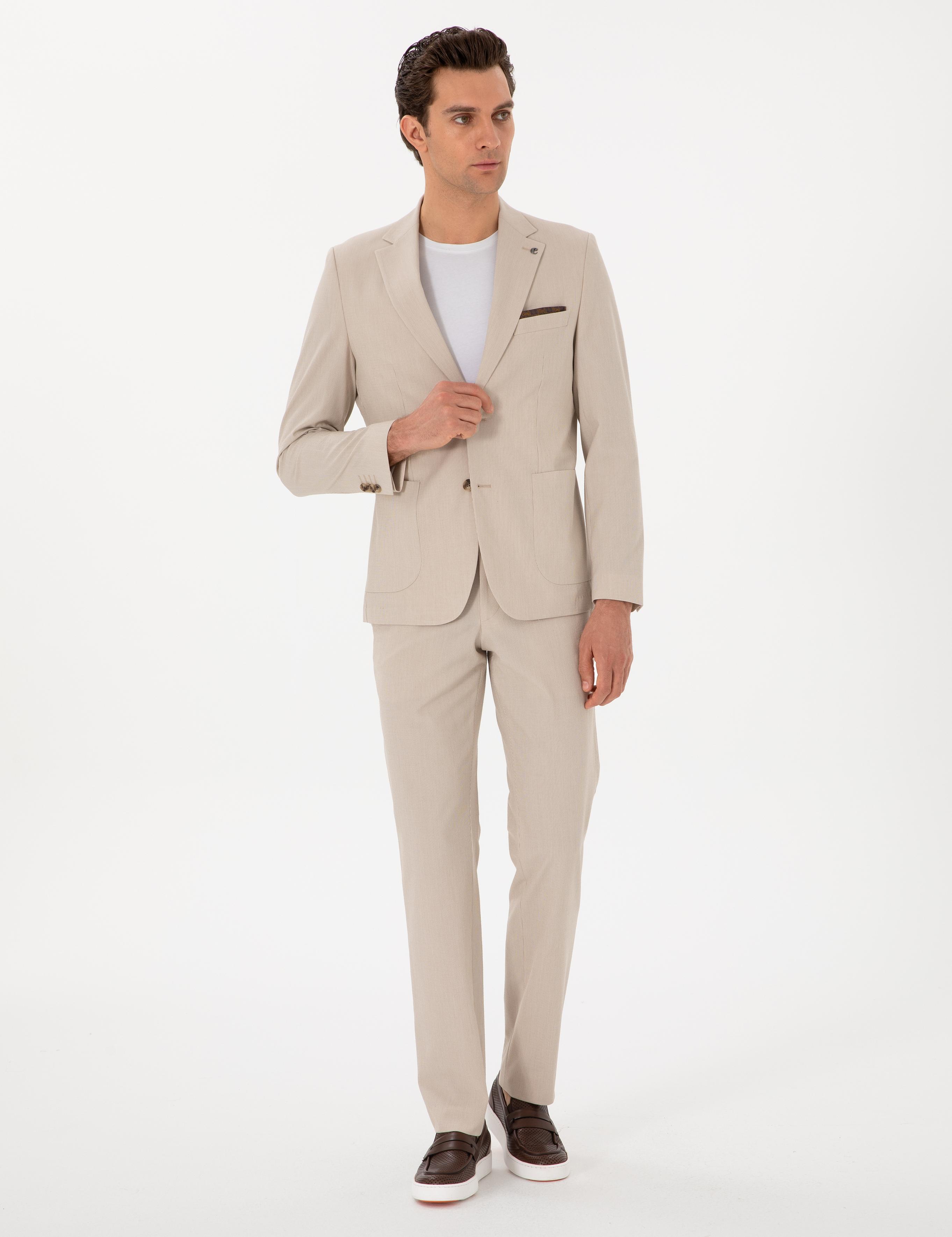 Bej Slim Fit Çizgili Takım Elbise - 50306885038