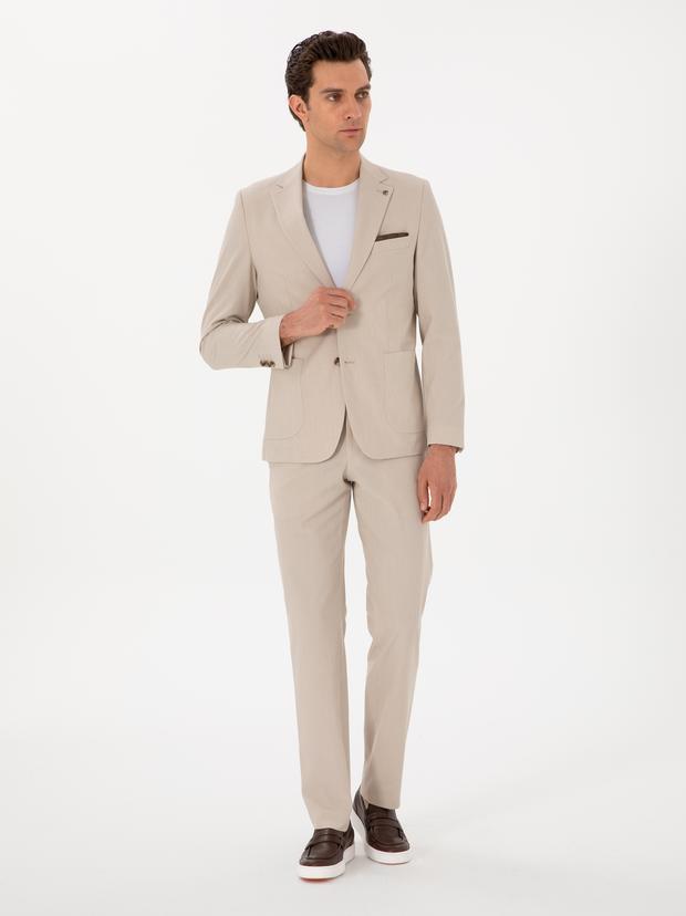 Bej Slim Fit Çizgili Takım Elbise