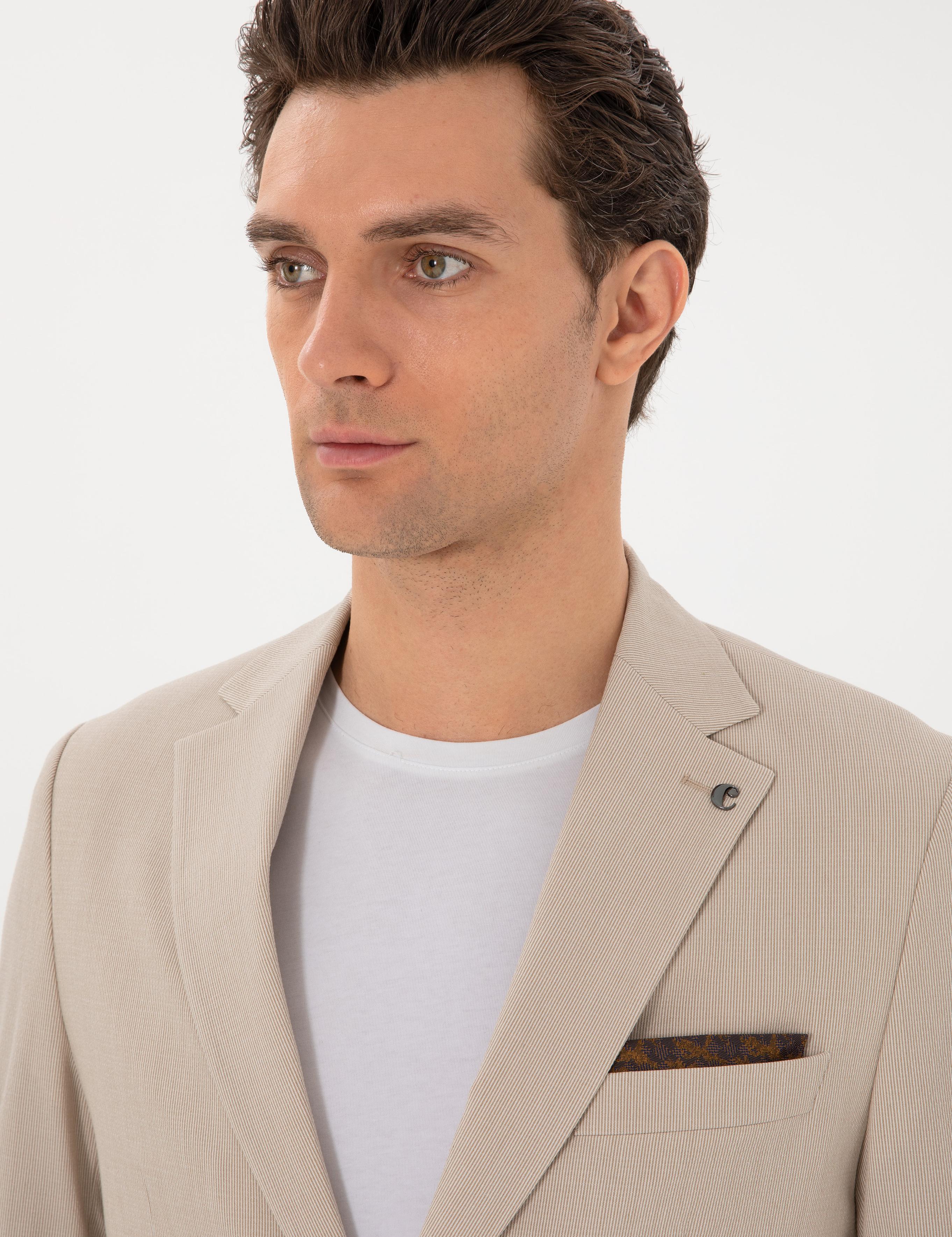 Bej Slim Fit Çizgili Takım Elbise - 50306885038