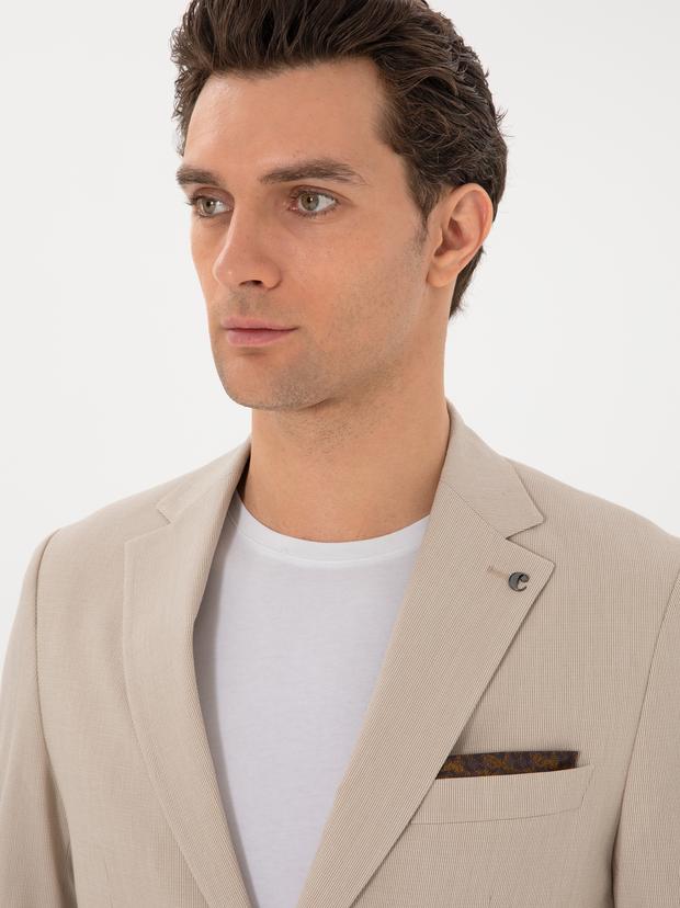 Bej Slim Fit Çizgili Takım Elbise