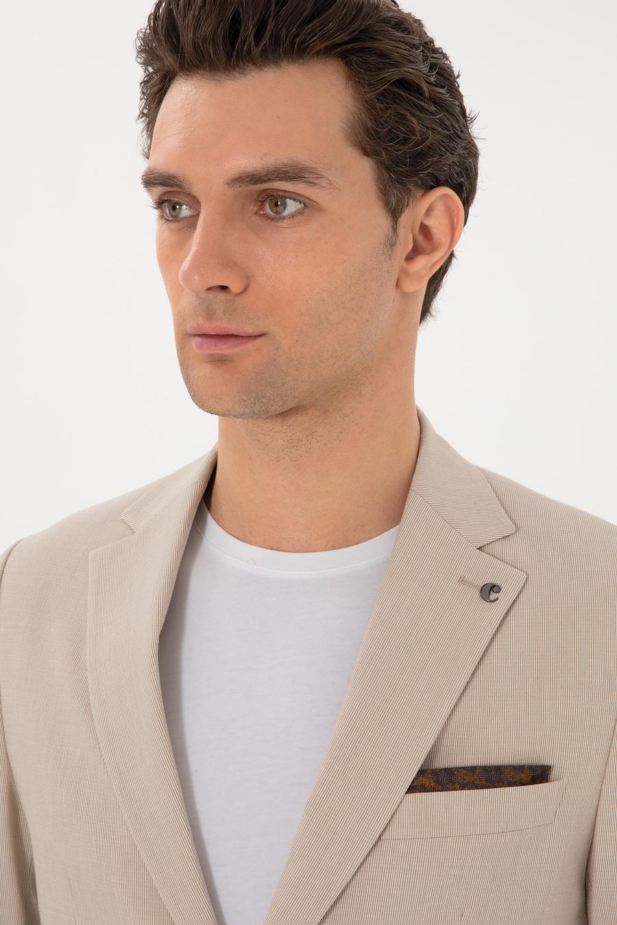 Bej Slim Fit Çizgili Takım Elbise - 50306885038