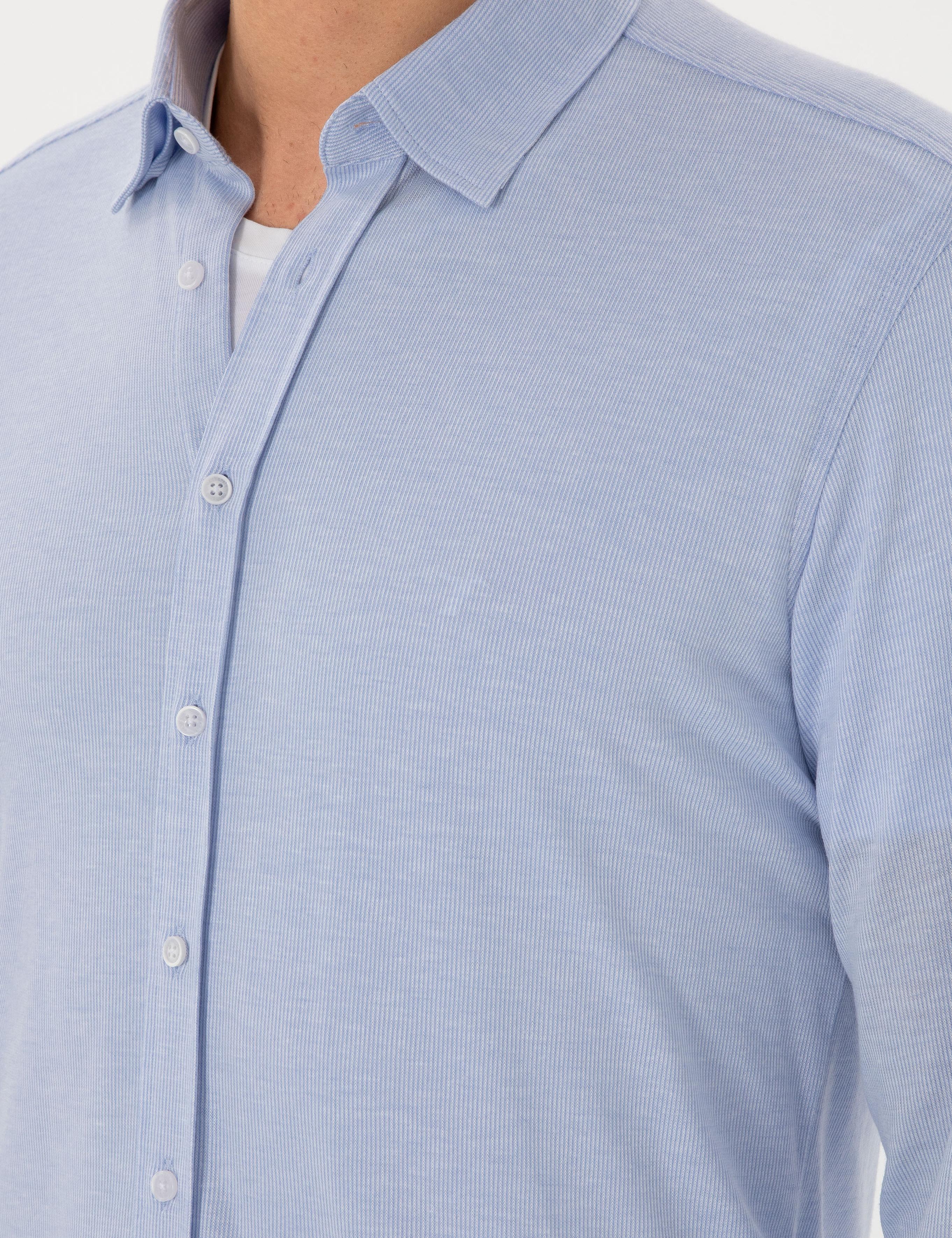 Açık Mavi Slim Fit Pamuk Karışımlı Alttan Biritli Fitilli Gömlek - 50304495022