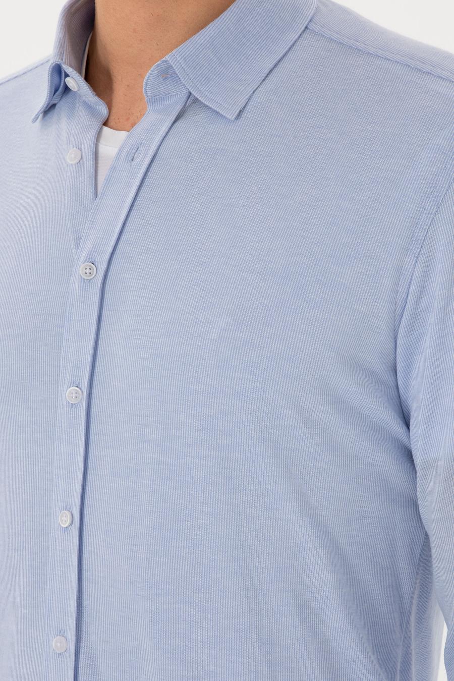 Açık Mavi Slim Fit Pamuk Karışımlı Alttan Biritli Fitilli Gömlek - 50304495022