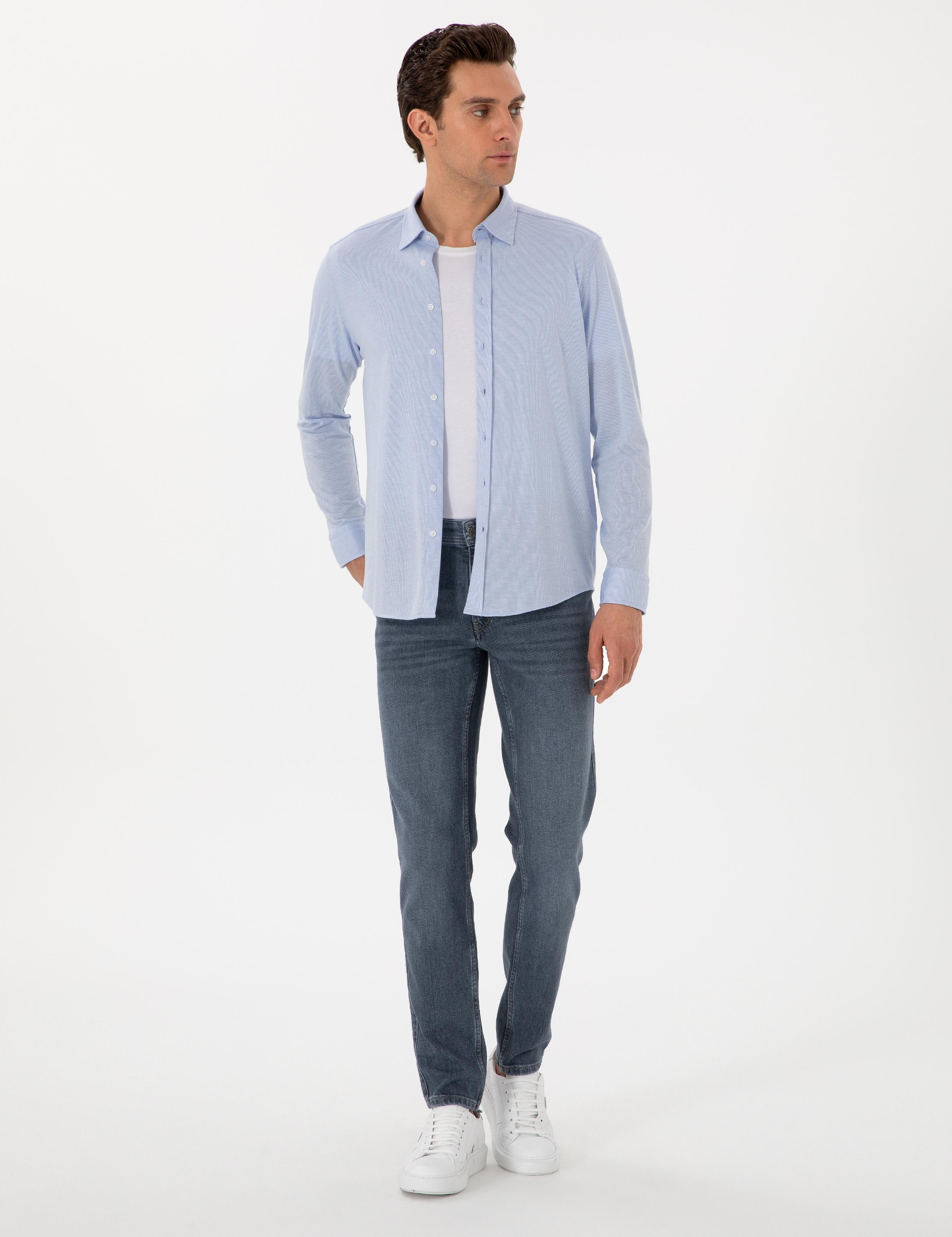 Açık Mavi Slim Fit Pamuk Karışımlı Alttan Biritli Fitilli Gömlek - 50304495022