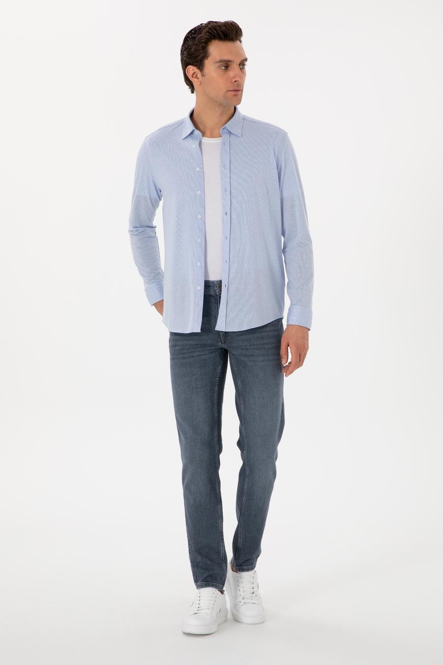 Açık Mavi Slim Fit Pamuk Karışımlı Alttan Biritli Fitilli Gömlek - 50304495022