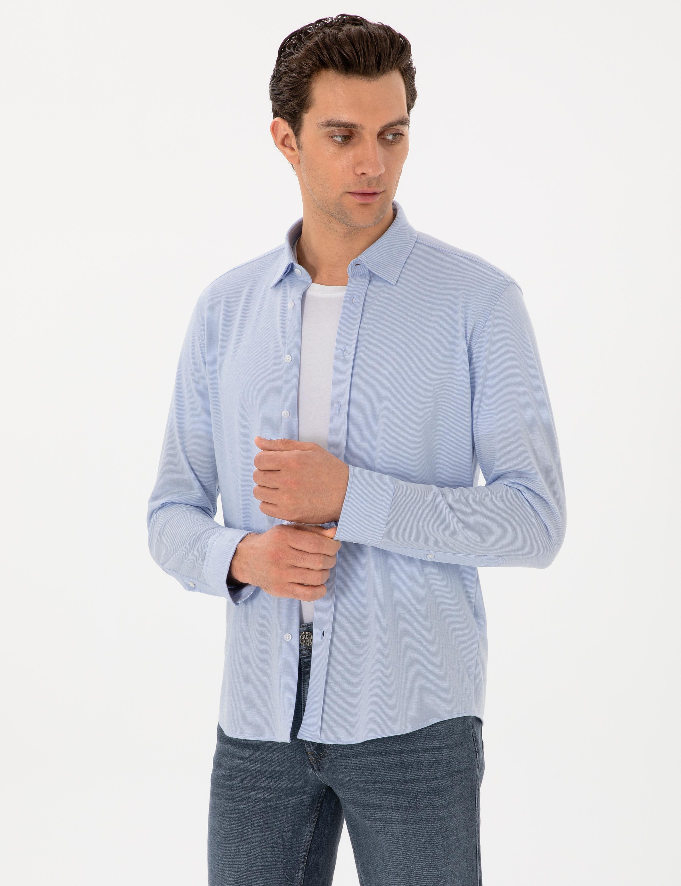 Açık Mavi Slim Fit Pamuk Karışımlı Alttan Biritli Fitilli Gömlek - 50304495022