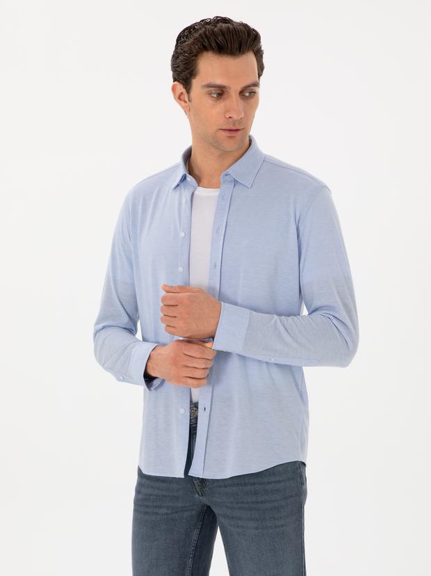 Açık Mavi Slim Fit Pamuk Karışımlı Alttan Biritli Fitilli Gömlek