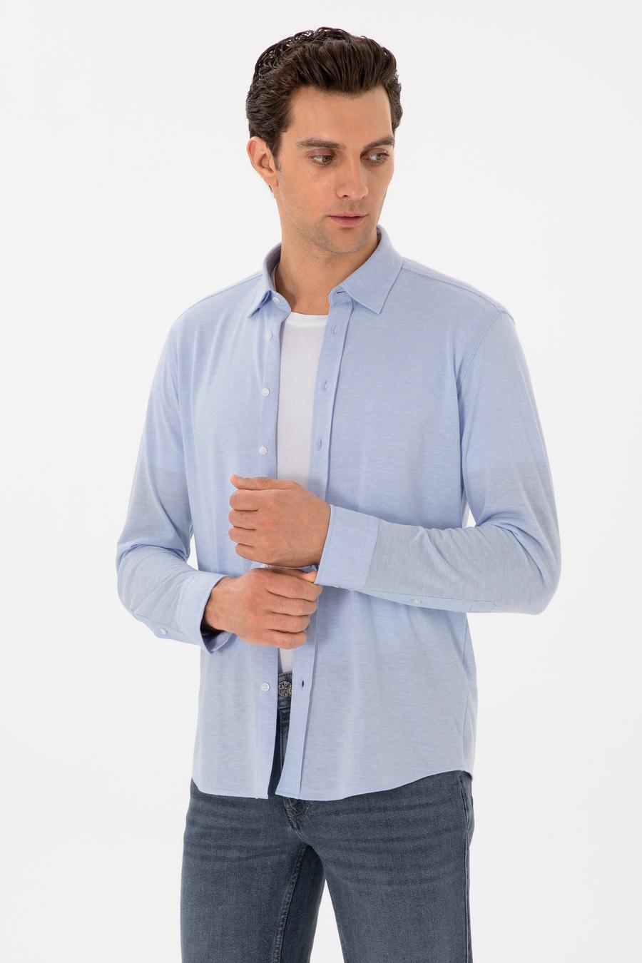 Açık Mavi Slim Fit Pamuk Karışımlı Alttan Biritli Fitilli Gömlek - 50304495022