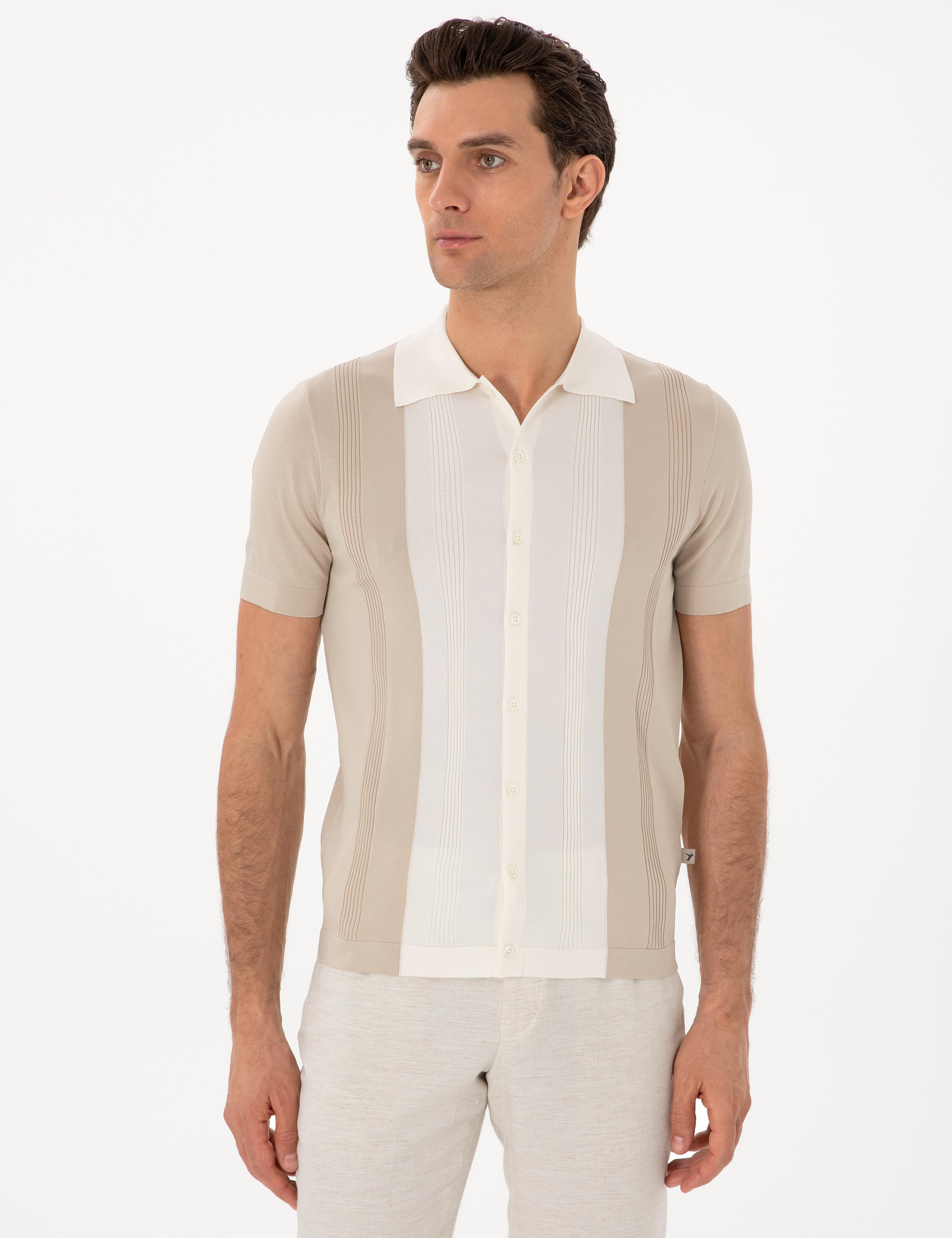 Bej Slim Fit Düğmeli Kısa Kollu Triko Hırka - 50299418018
