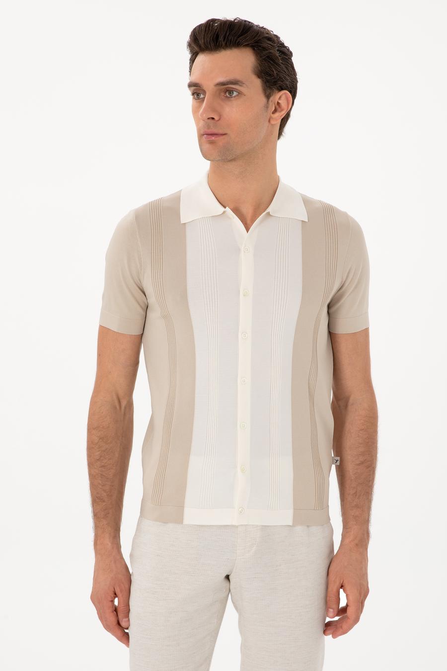 Bej Slim Fit Düğmeli Kısa Kollu Triko Hırka - 50299418018