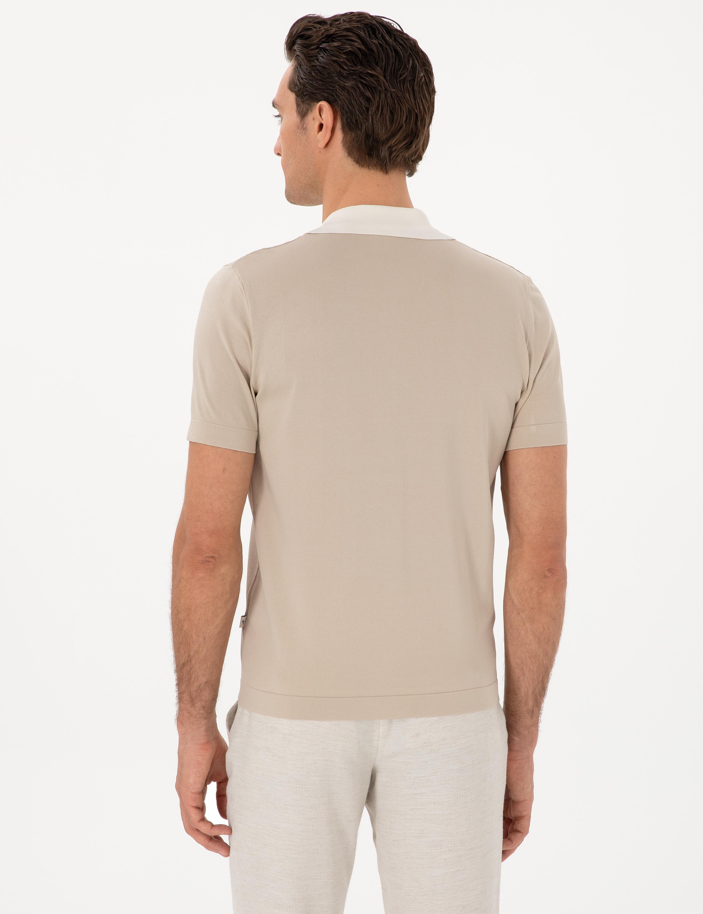 Bej Slim Fit Düğmeli Kısa Kollu Triko Hırka - 50299418018