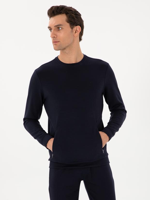 Lacivert Regular Fit Modal Karışımlı Bisiklet Yaka Sweatshirt
