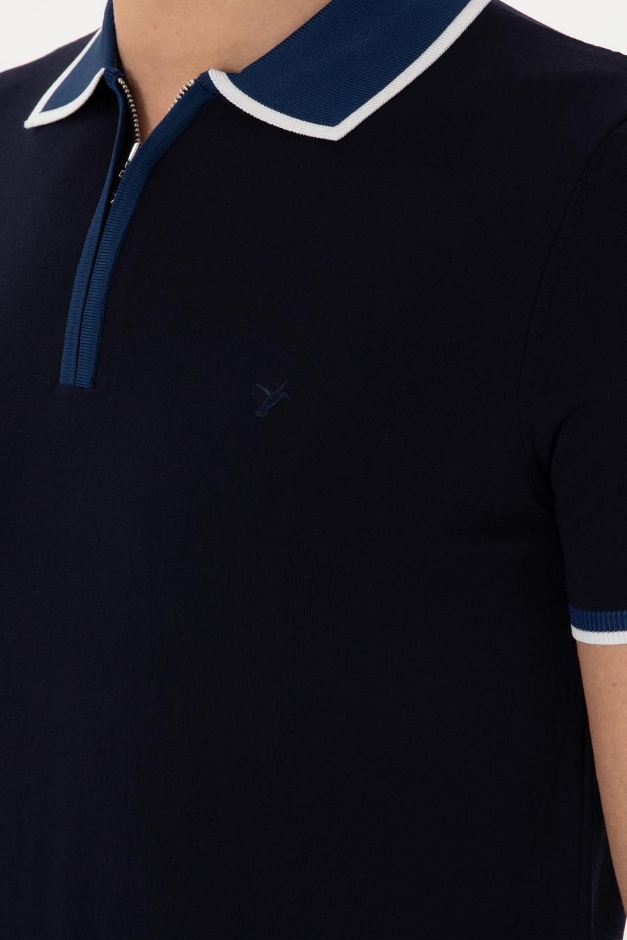 Lacivert Slim Fit Fermuarlı Polo Yaka Triko T-shirt - 50306425013