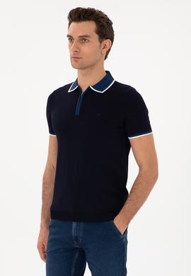 Lacivert Slim Fit Fermuarlı Polo Yaka Triko T-shirt