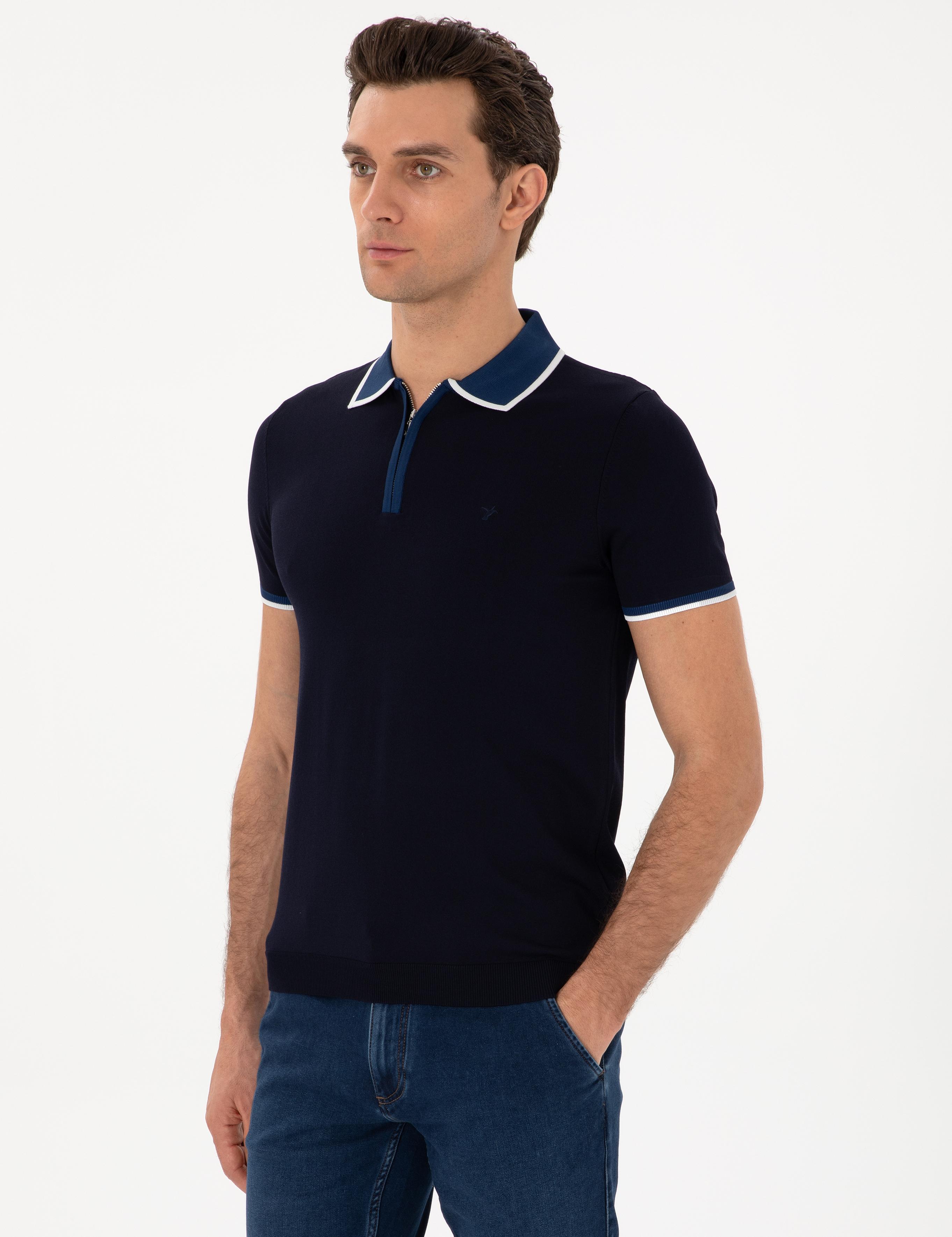 Lacivert Slim Fit Fermuarlı Polo Yaka Triko T-shirt - 50306425013