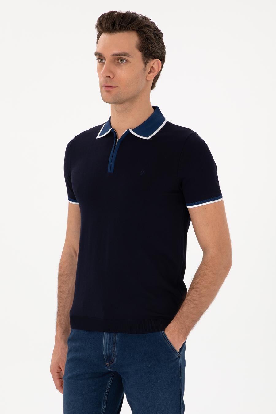 Lacivert Slim Fit Fermuarlı Polo Yaka Triko T-shirt - 50306425013